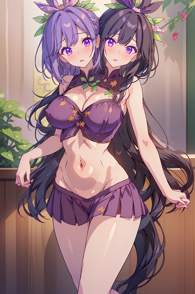 (masterpiece, best quality), best quality, best resolution, (ultra-detailed), ((3heads:1.5)), 1girl, (hisami yomotsu:1.3), masterpiece, best quality, ultra quality, ultra resolution, ultra detail, purple top, crop top, ((stomach)), midriff, ((groin)), purple skirt, normal ears, shackles, jet-black hair, very long hair, wavy hair, sidelocks, purple eyes, very detailed eyes, parted lips, open belly, sweat, cute, toned belly, hand on own chest, eyelashes, (25 year old woman:1.3), (masterpiece:1.5), (best quality:1.5), (beautiful detailed), extremely detailed CG, extremely delicate and beautiful, depth of field, (finely detailed face), (perfect details:1.2), (mature female:1.3), wide pelvis, slender, large veiny breast, 16k resolution, highres very high quality, very high definition, extremely detailed, masterpiece, jet-black hair, long hair, alluring presence, braid, short skirt, close up, very big tits, huge tits, young, girl with three heads, three headed girl, NSFW,