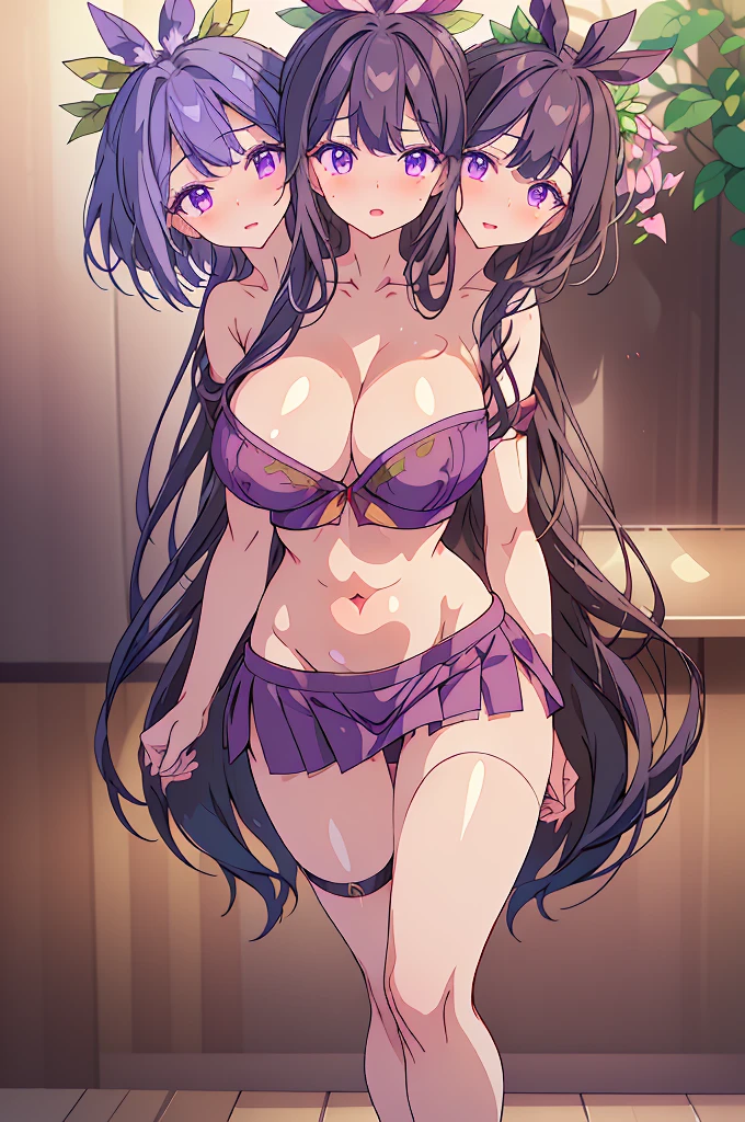 (masterpiece, best quality), best quality, best resolution, (ultra-detailed), ((3heads:1.5)), 1girl, (hisami yomotsu:1.3), masterpiece, best quality, ultra quality, ultra resolution, ultra detail, purple top, crop top, ((stomach)), midriff, ((groin)), purple skirt, normal ears, shackles, jet-black hair, very long hair, wavy hair, sidelocks, purple eyes, very detailed eyes, parted lips, open belly, sweat, cute, toned belly, hand on own chest, eyelashes, (25 year old woman:1.3), (masterpiece:1.5), (best quality:1.5), (beautiful detailed), extremely detailed CG, extremely delicate and beautiful, depth of field, (finely detailed face), (perfect details:1.2), ( female:1.3), wide pelvis, slender, large veiny breastresolution, highres very high quality, very high definition, extremely detailed, masterpiece, jet-black hair, long hair, alluring presence, braid, short skirt, close up, very big tits, hu young, girl wihree heads, three headed girl, NSFW,
