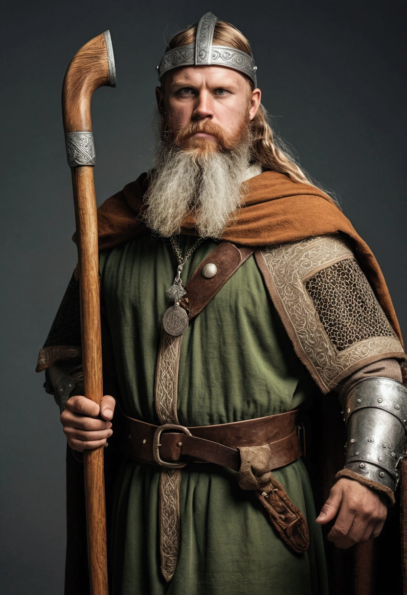 a close-up of a man with a LONG beard,a close-up of a man with a long beard and a cane, Medieval beginning, dnd rendering of a man, Fifth-century, full - body portrait of a ranger, wearing viking clothes, eftir Ásgrím Jónsson, Wearing an old tunic, old english garb, traje viking, photo of a male cleric, A pilgrim