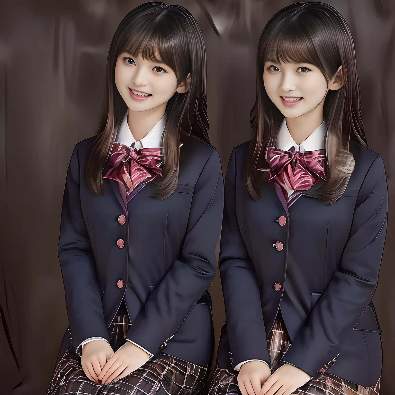 (Highest quality, masterpiece:1.2), Highest quality, High resolution, 1080P, 8k, height: 158cm, super long black hair, ((A noble, graceful and intelligent 14yo Japanese young long hair lady who have a best proportion are seated and singing religious hymn chorus with opening their mouth, all of them are watching at me!: 1.5)), ((So sweet, very noble, neat, and pretty 14yo Japanese beautiful fashion magazine models are surrounding me and looking gracefully at me: 1.6)), ((The lady is looking directly at me with religious eyes)) ((((Very pure white face and limbs)))), Glossy Lips, (Evenly cut curled bangs), ((Very beautiful, droopy, cute, pure, noble, intelligent brown eyes with detailed: 1.6)), ((Gorgeous and very wavy super long black hair, super very long wavy black hair, beautiful wavy hair like a princess: 1.8)), (Very shiny, glossy Lips), Watch at you, ((Incredibly well organized, Rich facial expressions)), ((Plump and beautiful white skin and face)), ((Pure, clear, gentle brown eyes)), ((staring at me)), Glossy Lips, ((Noble and elegant)), ((Large upward-curving lips)), ((((Navy gorgeous Japanese school blazer with noble golden emblem)))), ((Navy and sapphire blue Japanese school gorgeous uniform)), ((Tartan check pattern dark blue and navy pleated gorgeous skirt with beautiful white fat calf: 1.0)), ((Blue gloss chest ribbon: 1.0)), ((((An ecstatic expression of boundless joy)))), (((Beauty and fashion magazine for young girls))), ((Cute beautiful knees)), ((Well-shaped ample breasts)), ((Tilting his head and smiling)), ((Plain darkness background: 1.5)), (Singing in religious happiness and inviting me to the happiness with them: 1.0), ((Too beautiful women to stop falling into them: 1.6)), ((They are in fact succubi and seated with strong religious temptation)), (A beautiful girl like the young noblewoman in the portrait of a young aristocrat painted by Renoir: 1.0)