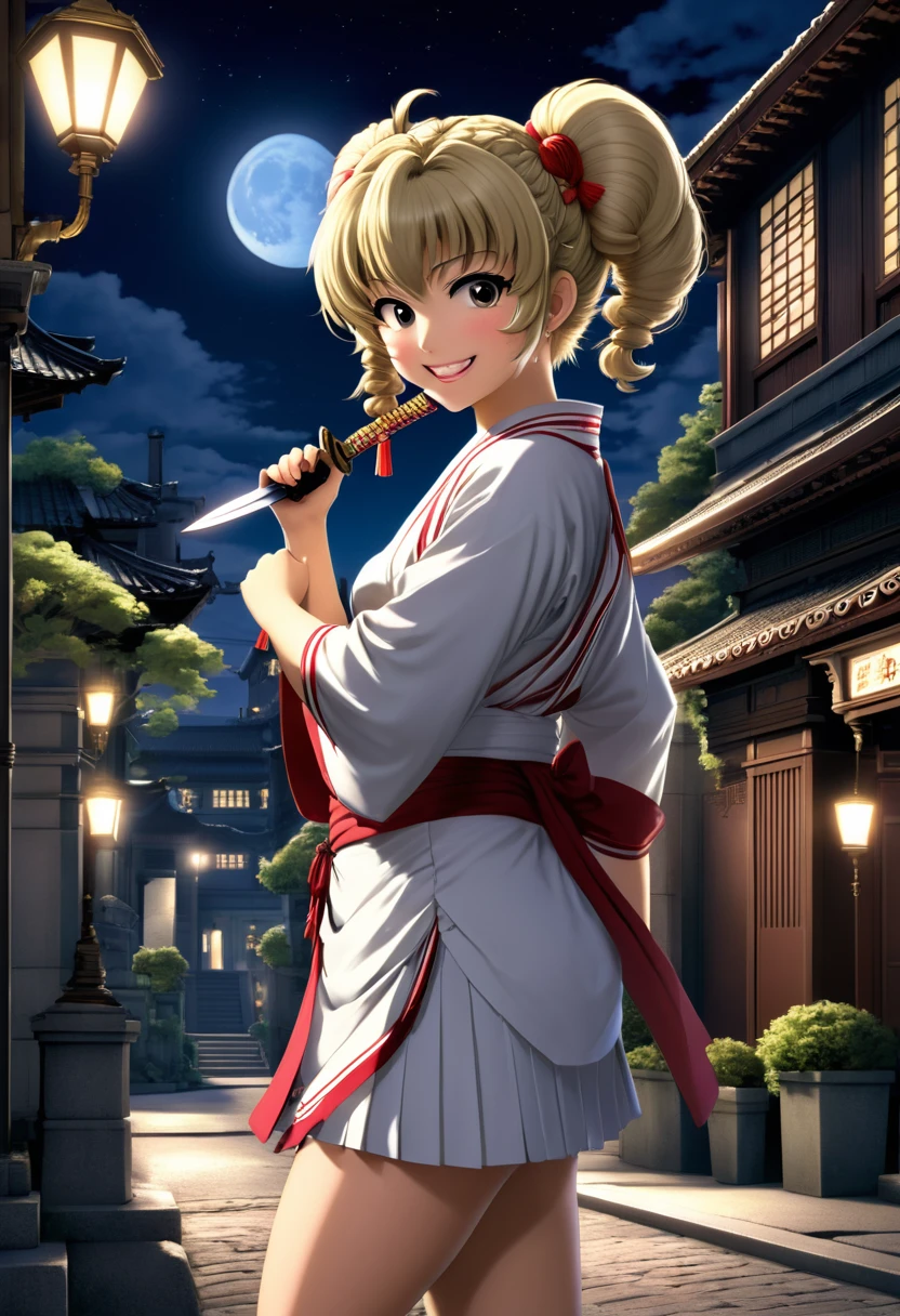 Character: Toga Himiko
Pose: Standing, showing charming smile
Action: Holding a small knife in her hand
Situation: Moonlit street corner, old building in the background
Details: Hair in twin tails, wearing