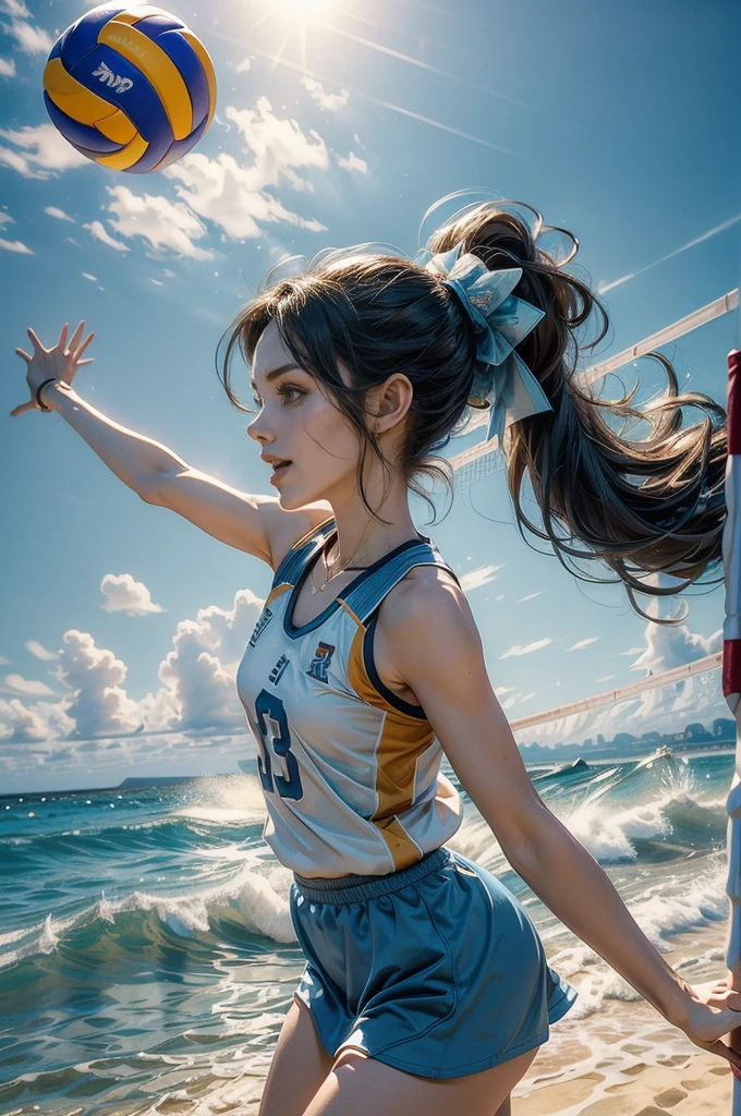 (((best quality))), (((ultra detailed))), (((masterpiece))), illustration, ((a beautiful girl,volleyball player,solo)),((slim,thin)),((small breasts,flat chest)),(short ponytail:1.2),beach, sea, sand,(holding a volleyball:1.5), girl's attire, sun, waves, shore, foam, summer, afternoon, gold sand, vibrant attire, athletic build, sleeveless, short skirt, sports tank top, toned legs, nimble fingers, precise movements, agile arms, teammates, synchronized gameplay, exciting spectacle, onlookers, sand, clear sky, azure, powder blue, white waves, crashing waves, laughter, beachgoers, symphony, essence, summer, seaside, determination, skill, quick reflexes, strategic thinking, victory, infectious energy, unwavering spirit, , joy, youthful exuberance, timeless reminder, magic of summer,((from front,upperbody))
