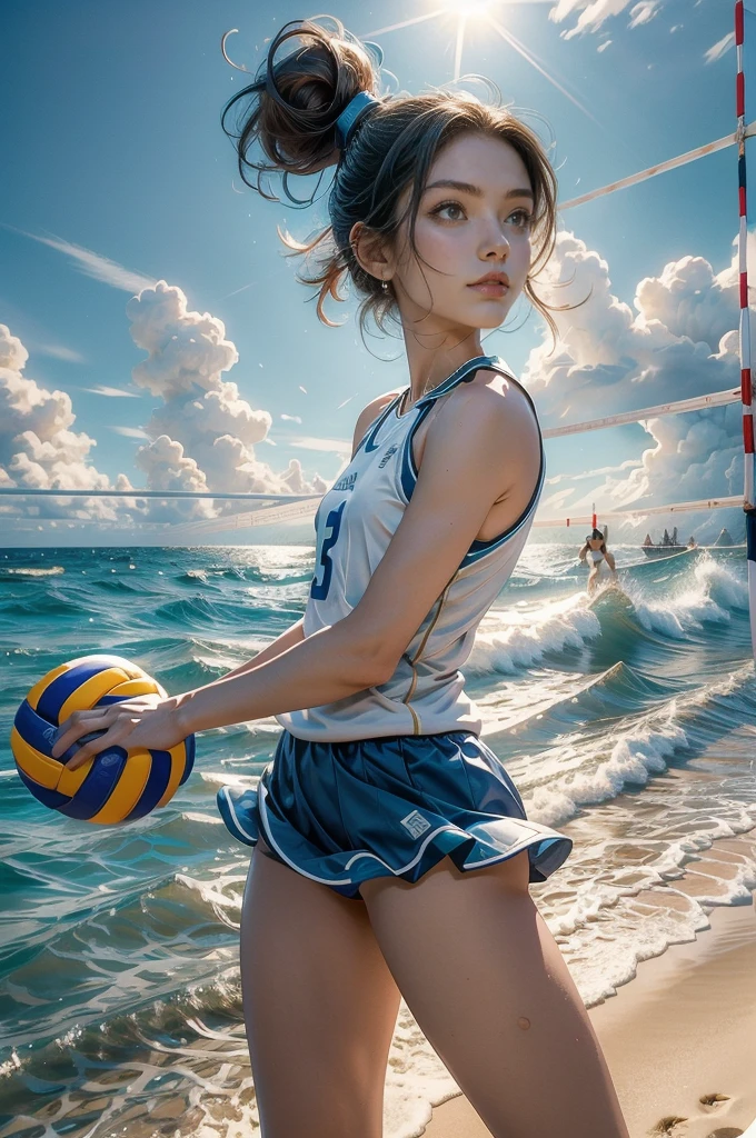 (((best quality))), (((ultra detailed))), (((masterpiece))), illustration, ((a beautiful girl,volleyball player,solo)),((slim,thin)),((small breasts,flat chest)),(short ponytail:1.2),beach, sea, sand,(holding a volleyball:1.5), girl's attire, sun, waves, shore, foam, summer, afternoon, gold sand, vibrant attire, athletic build, sleeveless, short skirt, sports tank top, toned legs, nimble fingers, precise movements, agile arms, teammates, synchronized gameplay, exciting spectacle, onlookers, sand, clear sky, azure, powder blue, white waves, crashing waves, laughter, beachgoers, symphony, essence, summer, seaside, determination, skill, quick reflexes, strategic thinking, victory, infectious energy, unwavering spirit, , joy, youthful exuberance, timeless reminder, magic of summer,((from front,upperbody))
