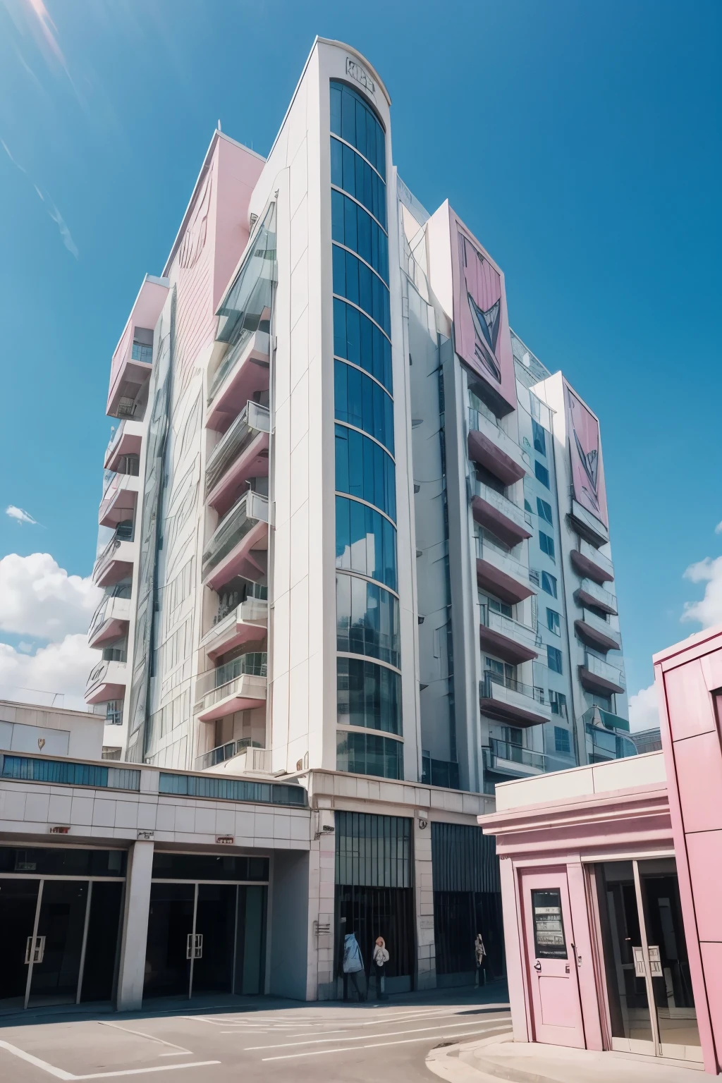 realistic image with perspective of white, pink and black building with glass doors and a sign above the door with the phrase "Fantasy Travel" in y2k style with other buildings on the sides