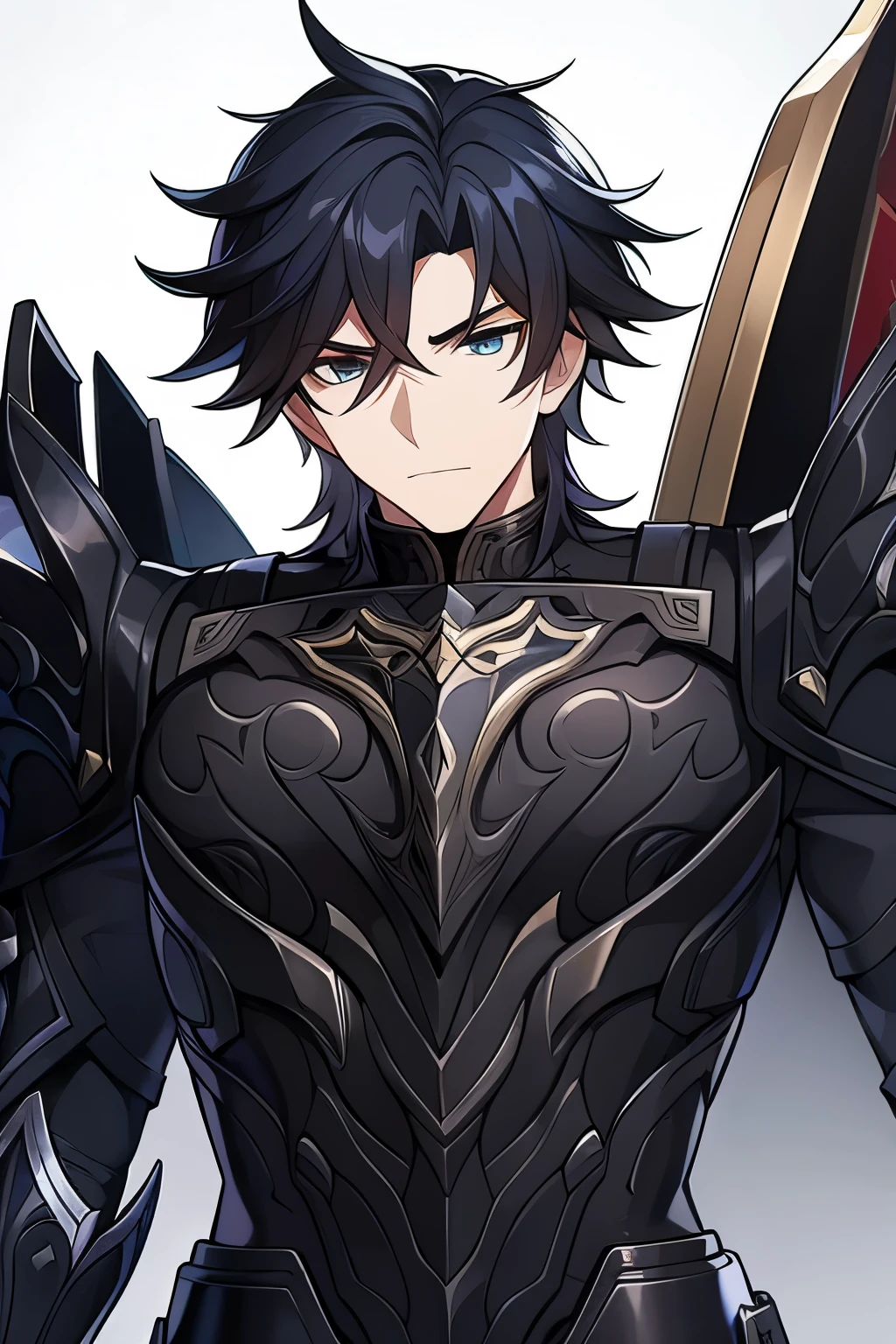 (work of art, best qualityer, face perfect, expressive eyes), Black Knight Armor, black leather cover, details Intricate, black breastplate, a male anime,single character, short black hair with white highlights, barba, visual novel sprite, detailed black armor, high qualiy, cinematic, dramatic pose, details Intricate, swirly vibrant colors, work of art, impacto genshin. 