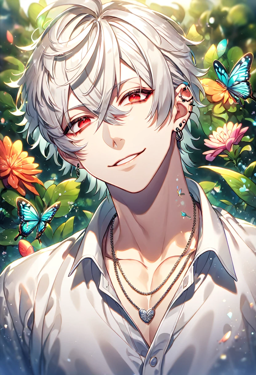 absurdres, highres, ultra detailed, HDR, master piece, best quality, extremely detailed face, delicated features, Aohitsugi Samatoki, chin length white hair, expressive red eyes, long eyelashes, Hypnosis Mic, solo, sexy man, handsome, handsome smile, white shirt, unbuttoned shirt, necklace, ear piercings, fantasy, magical, butterflies, summer, green leaves, flowers, water
