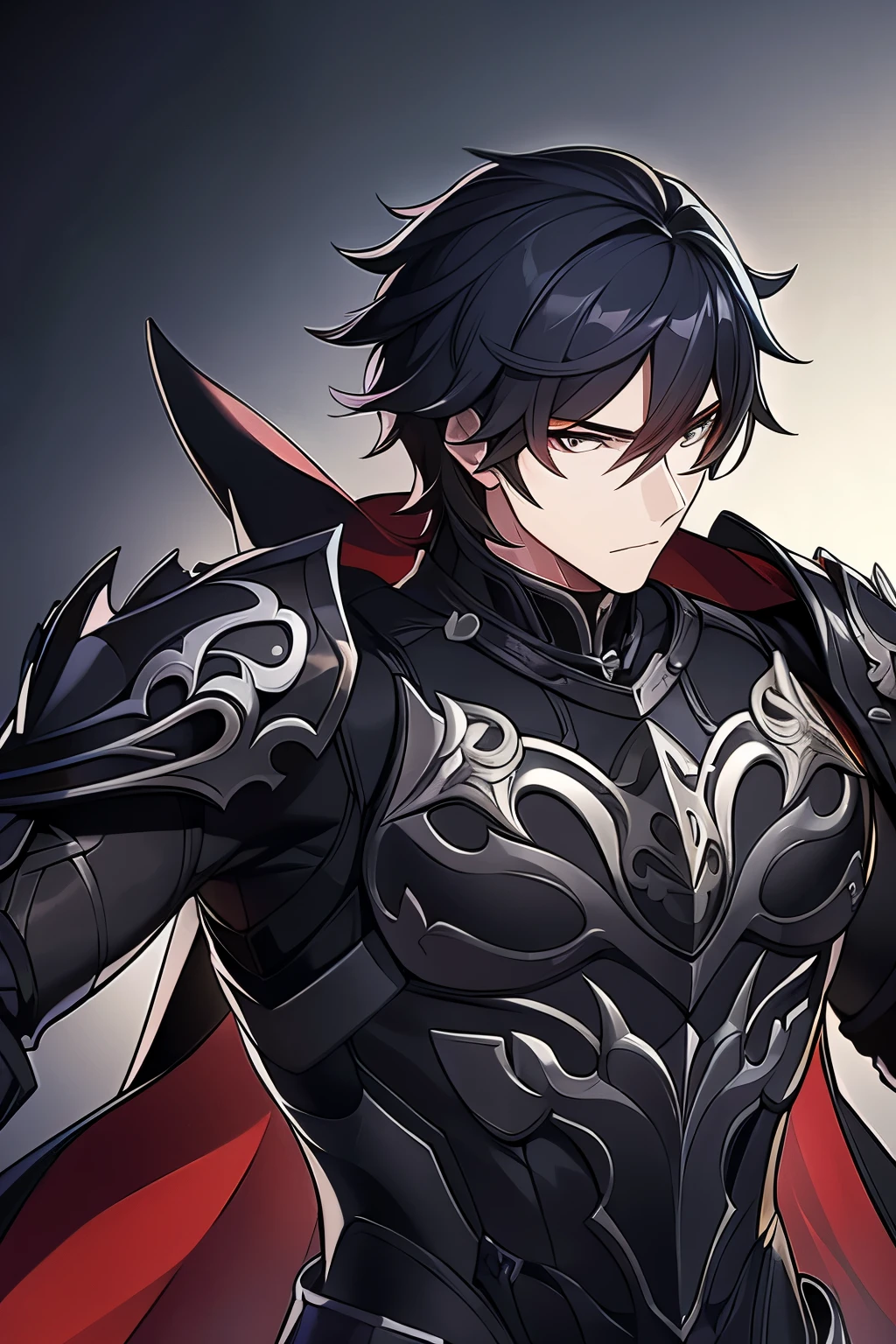 (work of art, best qualityer, face perfect, expressive eyes), Black Knight Armor, black leather cover, details Intricate, black breastplate, a male anime,single character, short black hair with white highlights, barba, visual novel sprite, detailed black armor, high qualiy, cinematic, dramatic pose, details Intricate, swirly vibrant colors, work of art, impacto genshin. 