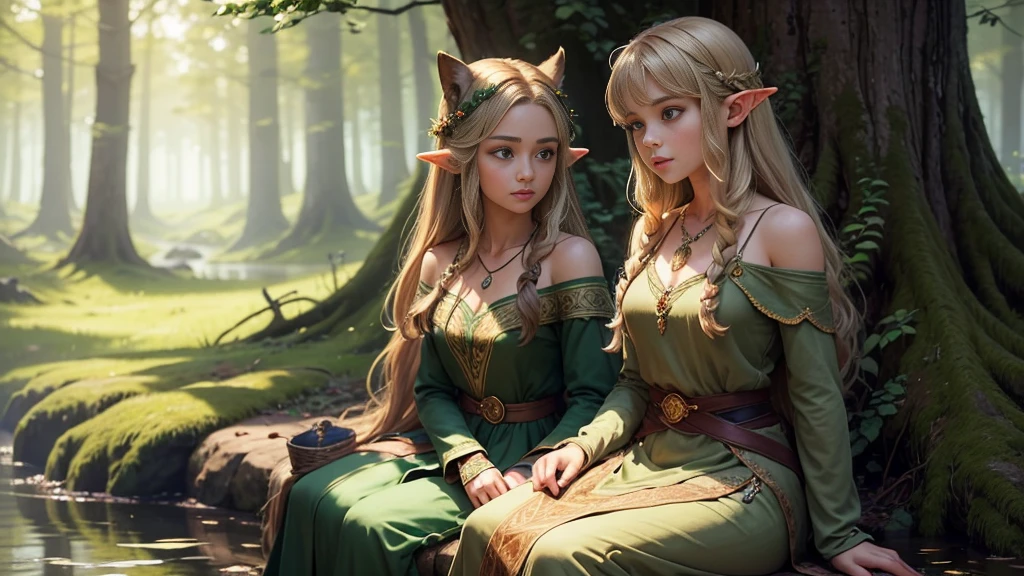 Create a detailed illustration of a character named Mia in a magical forest setting. Mia is a young half-human, half-elf woman with the following characteristics: Hair: Light brown with golden highlights, long and slightly wavy. Eyes: Green, with a touch of shine. Ears: Slightly pointed, reflecting his elven heritage. Clothing: She wears a green and brown outfit made from natural materials, adorned with leaves and flowers. His costume is light and allows ease of movement, with a touch of magical elegance. Accessories: She wears a delicate necklace with a sparkling crystal pendant. Pose: Mia is sitting next to a crystal clear lake. She has a serene, relaxed expression on her face.