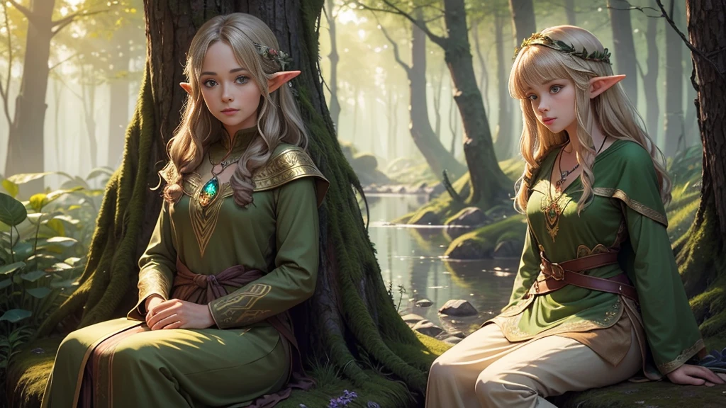 Create a detailed illustration of a character named Mia in a magical forest setting. Mia is a young half-human, half-elf woman with the following characteristics: Hair: Light brown with golden highlights, long and slightly wavy. Eyes: Green, with a touch of shine. Ears: Slightly pointed, reflecting his elven heritage. Clothing: She wears a green and brown outfit made from natural materials, adorned with leaves and flowers. His costume is light and allows ease of movement, with a touch of magical elegance. Accessories: She wears a delicate necklace with a sparkling crystal pendant. Pose: Mia is sitting next to a crystal clear lake. She has a serene, relaxed expression on her face.