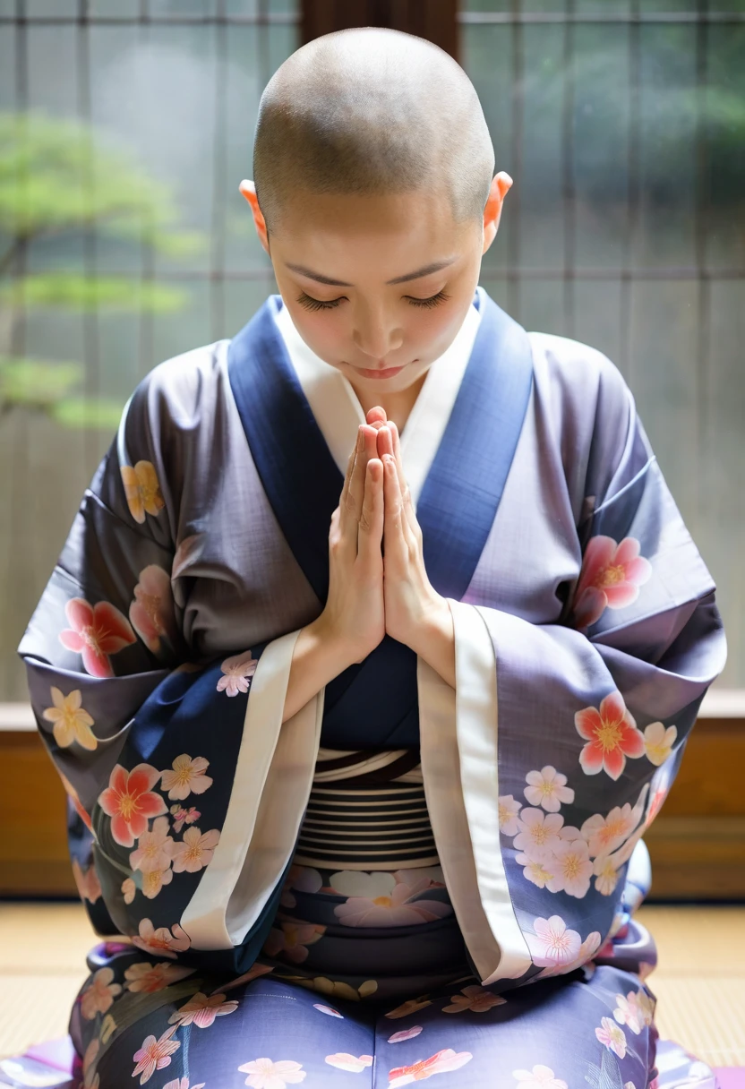 Japan now、temple、clergyman、Disheveled, see-through kimono、Transparent kimono、Woman Shaved Head、Put your hands together in prayer
