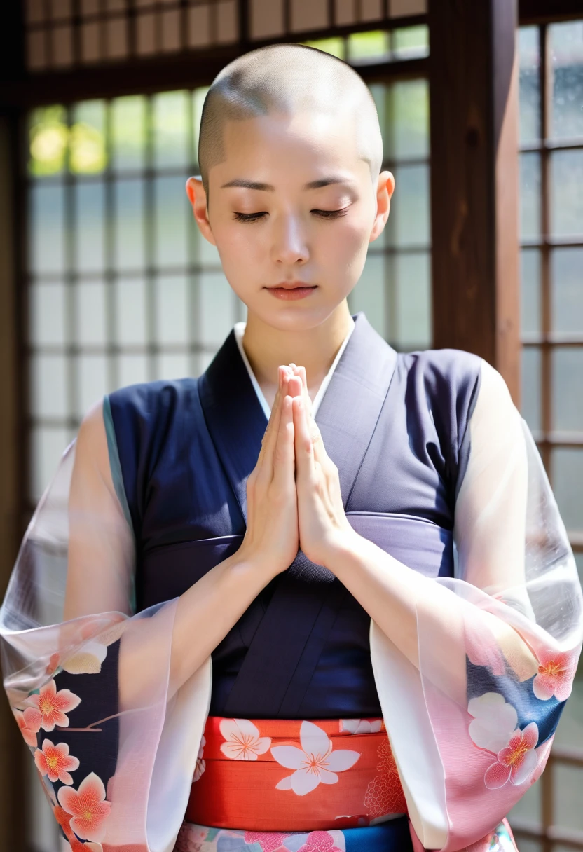 Japan now、temple、clergyman、Disheveled, see-through kimono、Transparent kimono、Woman Shaved Head、Put your hands together in prayer