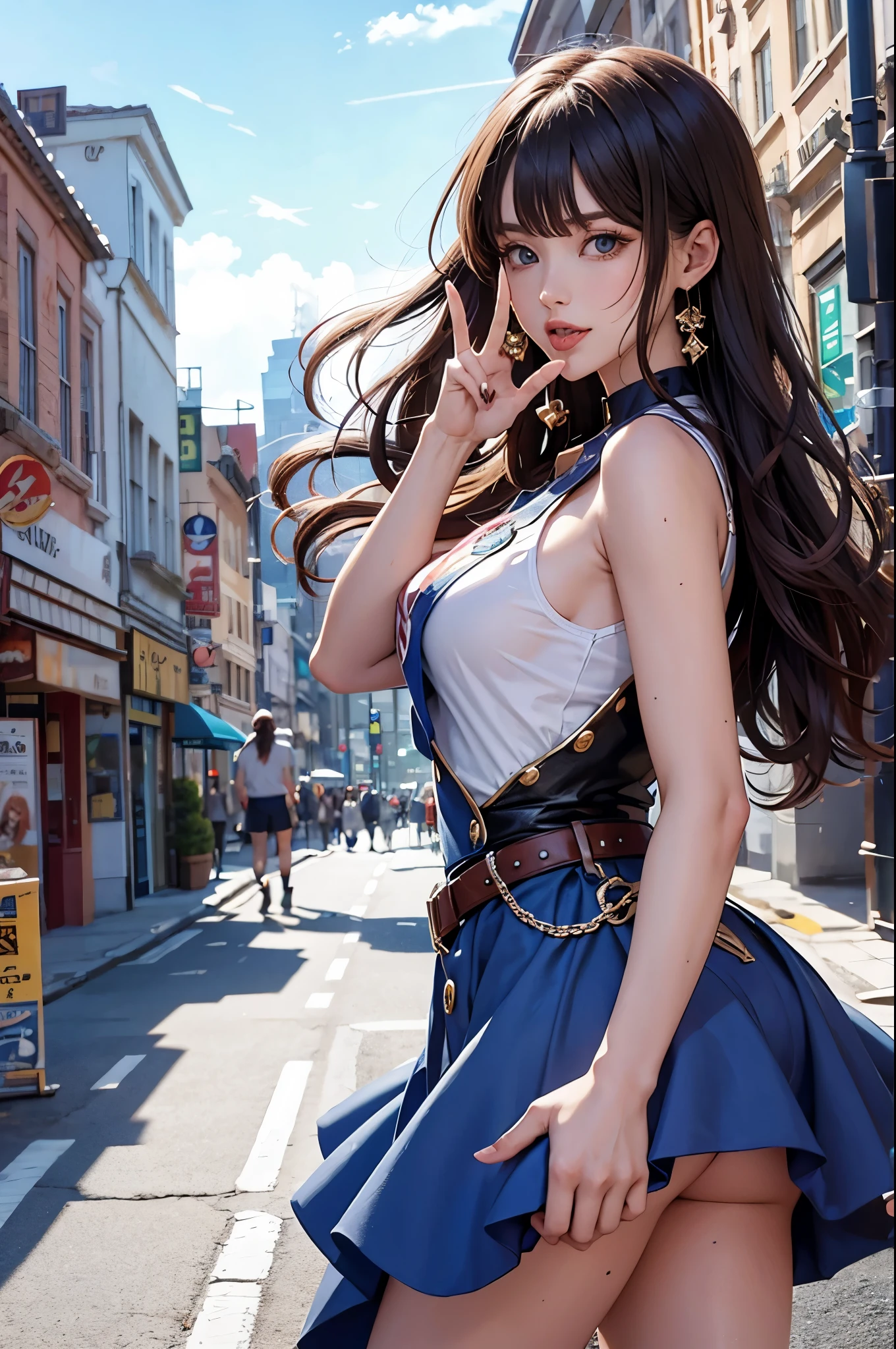 nicole demara, cowboy shot, tongue out, peace symbol, from side, city, anime source BREAK