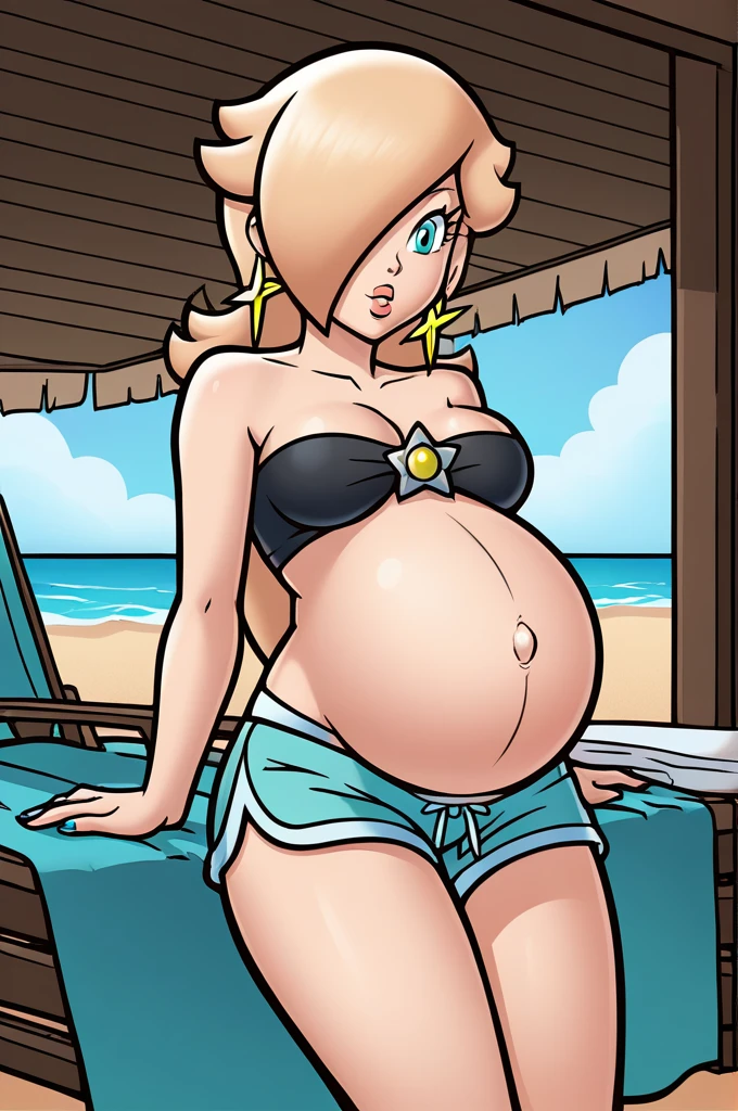 score_9, score_8_up, 1girl, solo, rosalina, style parody, thick outlines, black bikini, shorts, pregnant belly, sleeveless, strapless, cleavage, indoors, beach, front view