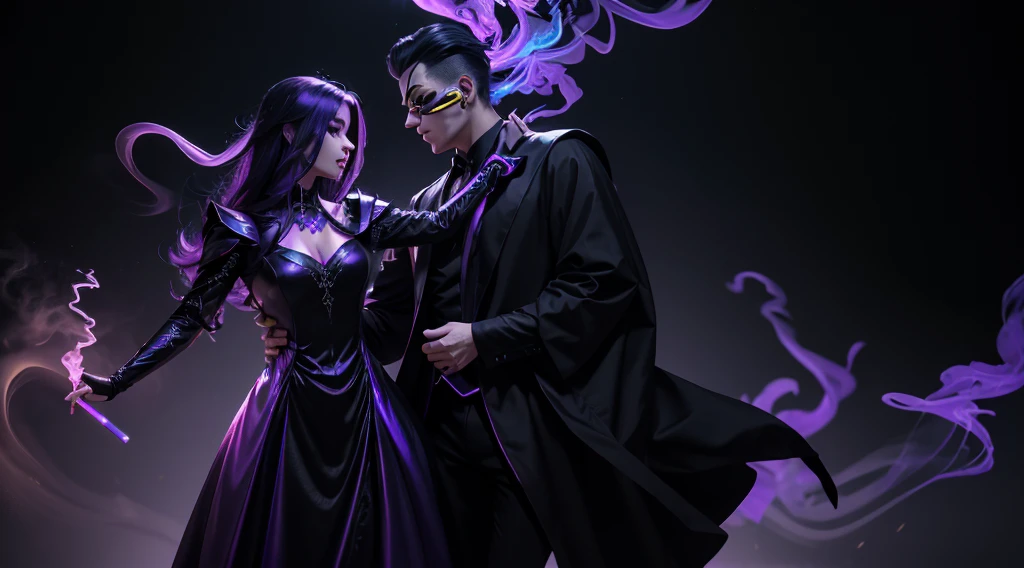 wide shot full body image, masked male ghost assassin in black clothes, dancing with a beautiful woman in purple and gold dress, high detail, wide shot, 4K, 3D, REALISTIC, (iridescent glow smoke), UHD, 32K, very bold neon colors, black light, neon light