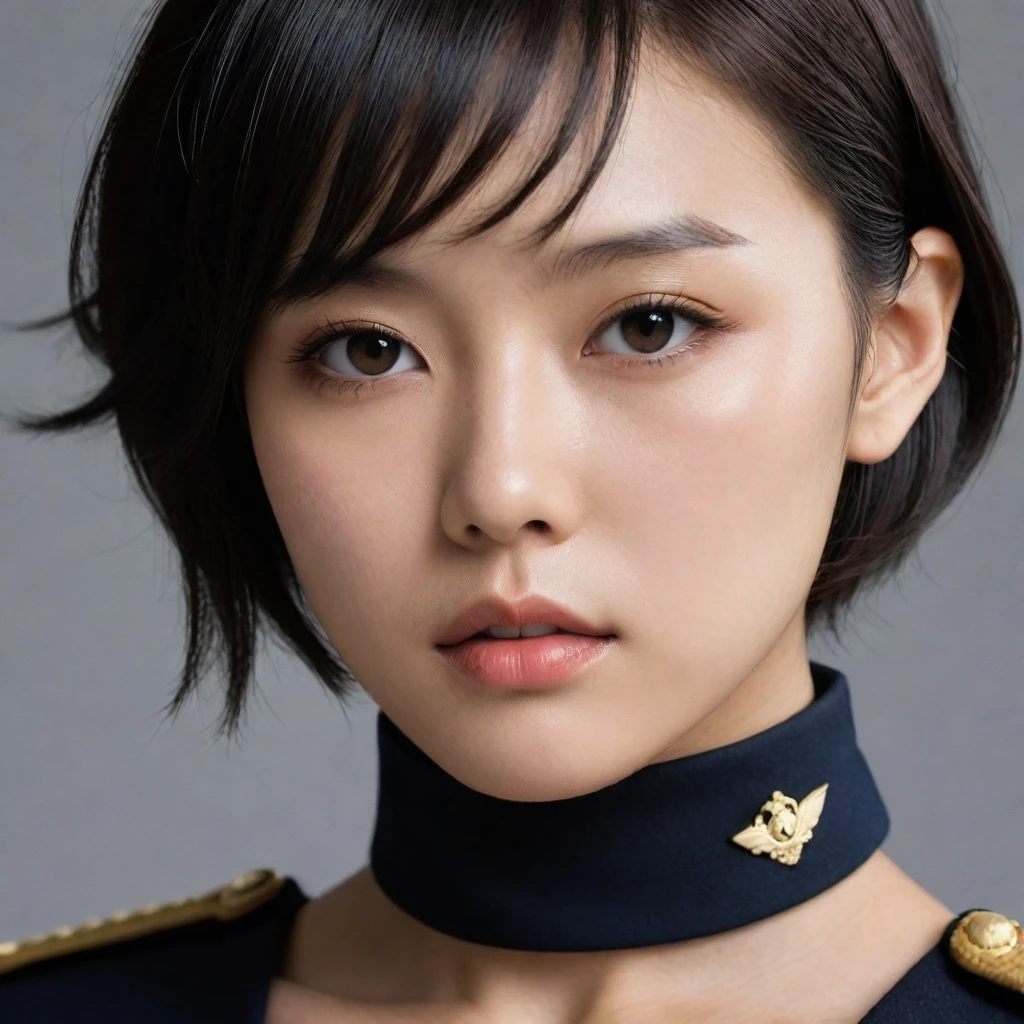 8k, Ultra-high resolution, Highest quality, masterpiece, 三分割法によるphotograph,Surreal, photograph, 1 Girl, (16 years old:1.3), pretty girl, Cute Face, Beautiful eyes in every detail, 細かくdetailedに,masterpiece,One Girl:1.2,Japanese female officer,Superior non-commissioned officer,extream close up,furious,glaring,Black short hair,Bob with bangs, (The finest ceremonial attire:1.3),Military clothing, SS uniform,HUGO BOSS,Sharp contours,Looking down,Gray background, Light from above, Low contrast, (Side view),Perfect and beautiful face ,完璧でCute Face, Skin with attention to detail, Perfect limbs、Narrow waist,Looking at the audience,(((Ideal body type))),A cup small breasts :2,Portraiture:2,Perfect Anatomy,鮮明なdetailed,detailed,Surreal,Light and shadow,glowing