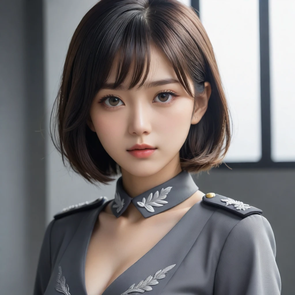 8k, Ultra-high resolution, Highest quality, masterpiece, 三分割法によるphotograph,Surreal, photograph, 1 Girl, (16 years old:1.3), pretty girl, Cute Face, Beautiful eyes in every detail, 細かくdetailedに,masterpiece,One Girl:1.2,Japanese female officer,Superior non-commissioned officer,extream close up,furious,glaring,Black short hair,Bob with bangs, (The finest ceremonial attire:1.3),Military clothing,Nazi SS uniform,HUGO BOSS,Sharp contours,Looking down,Gray background, Light from above, Low contrast, (Side view),Perfect and beautiful face ,完璧でCute Face, Skin with attention to detail, Perfect limbs、Narrow waist,Looking at the audience,(((Ideal body type))),A cup small breasts :2,Portraiture:2,Perfect Anatomy,鮮明なdetailed,detailed,Surreal,Light and shadow,glowing