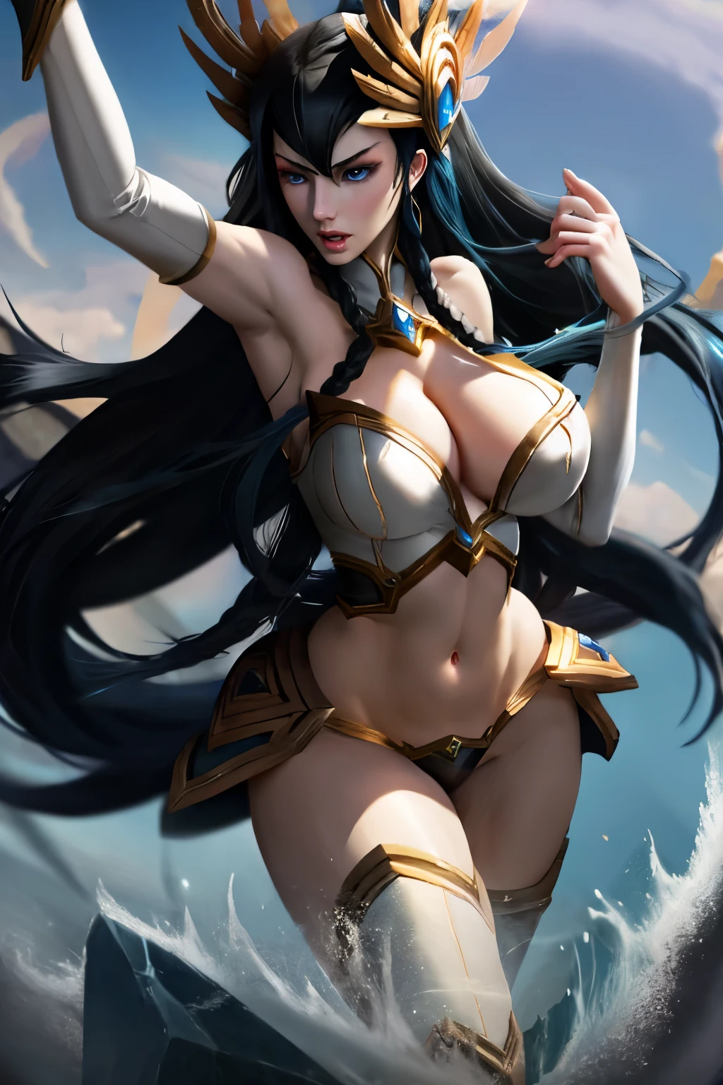 Irelia league of legends, corpo super definido, muslos grandes, breasts big, big-ass, Super long hair, super long hair, Bblack hair, blue colored eyes, ( super defined eyes), wide shot, uhd, super detail, high quality, best quality, 8k