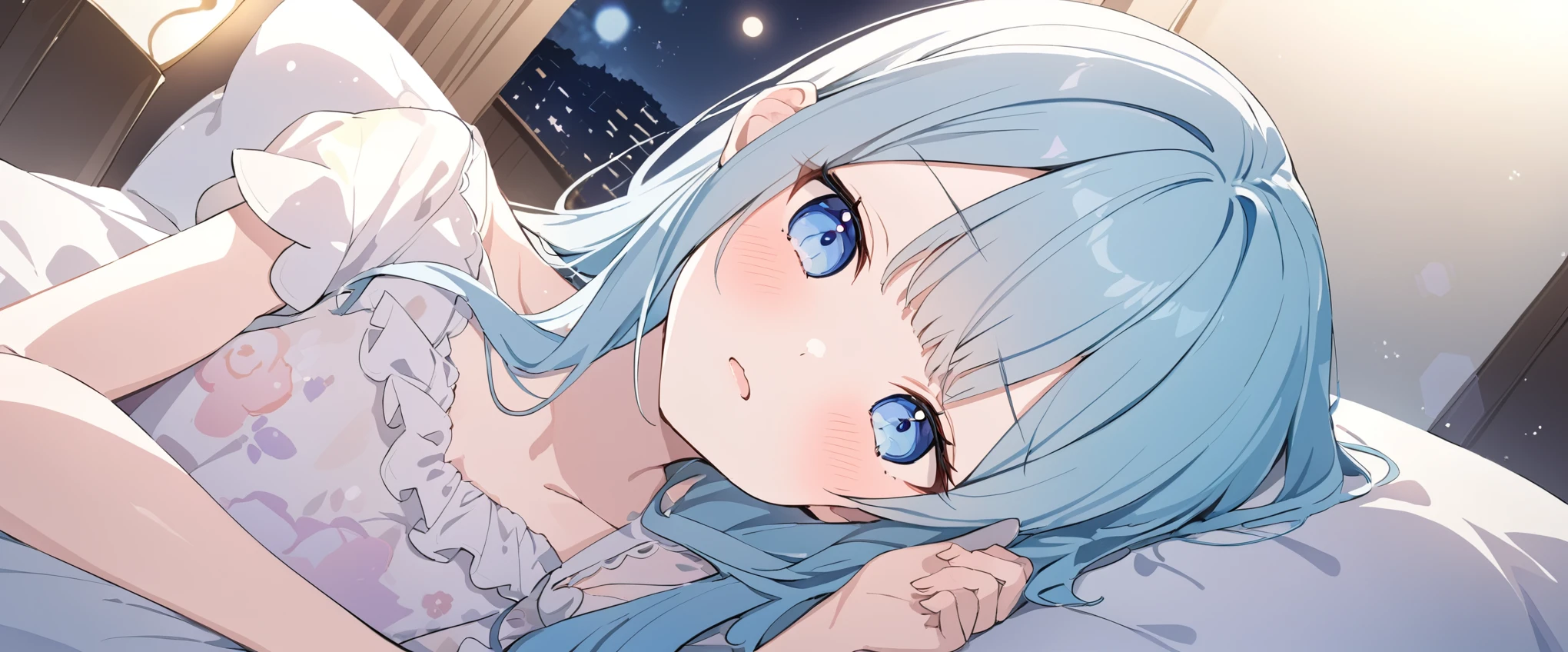 Momoko Sakura Style、8k品質、Intense watercolor, Detailed watercolor art, 水彩splash, Surreal, Avant-garde -yeld gi ((Shiny and cute pajamas))、(Ash color、Pastel color inner color hairstyle、Hair expressed with a delicate touch), Beautiful Hair, Facial Contour, Remember, ,Hotel, splash, Lens flare、night,illumination、Natural Color, High resolution, Very delicate, Very detailed, 8k,Lying in bed、Shyness,((Sexual)),Top view angle