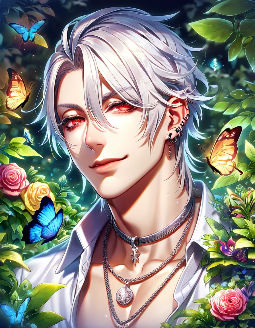 absurdres, highres, ultra detailed, HDR, master piece, best quality, extremely detailed face, delicated features, Aohitsugi Samatoki, chin length white hair, expressive red eyes, long eyelashes, Hypnosis Mic, solo, sexy man, handsome, handsome smile, white shirt, unbuttoned shirt, necklace, ear piercings, fantasy, magical, butterflies, summer, green leaves, flowers, water