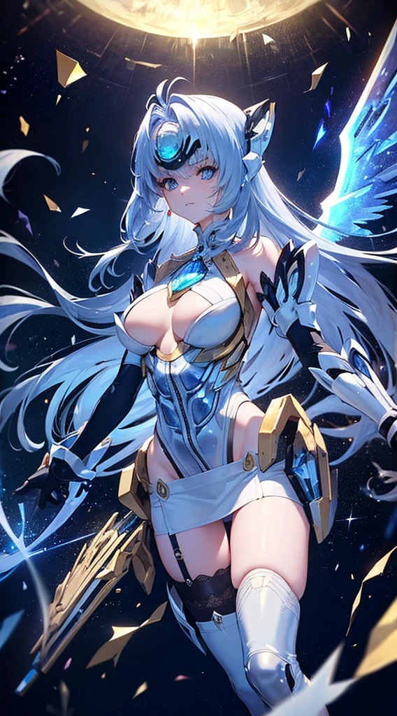 ((masterpiece:1.2)), ((Highest Quality)), Highly detailed and delicate illustration style, detailed skin texture, detailed metal texture, detailed cloth texture, Extreme detailed description, (T-Masterpiece), (super fine illustration), Highly detailed face, Raw photo, Professional, (Ultra-fine painting), Perfect Anatomy, sexy, realisitic, ((Solo)), ((A beautiful and cool female the head court mage with beautiful silver hair and beautiful blue eyes who is dressed as a mechanical angel)), Beautifully shaped small breasts, Beautifully shaped buttocks, concept-art, (combat pose), Detailed science and magic Fantasy Art, (Beautiful shiny silver hair), (Beautiful clear blue eyes), (detailed beautiful eyes:1.6), (Has large sapphire blue symmetrical mechanical wings:1.1), ((sophisticated mechanism:1.4))Smooth and menacing design, ((Highly detailed and delicate mechanical sapphire blue spellbook exclusively for the head court mage)), ((Highly detailed and cool Attack Magic Casting Pose)), ((Highly detailed and delicate ice and snow magic sacred type mechanical sophisticated exoskeleton armor dress in pearl white and sapphire blue exclusively for the head court mage)), (Always draw a very detailed and delicate magic circle with a spellbook), Highly detailed and delicate starry sky, other world, No robot, (8K highest quality wallpaper), Highly detailed and delicate background, (NSFW) BREAK (Geometric patterns), (colorful confetti:1.15), BREAK