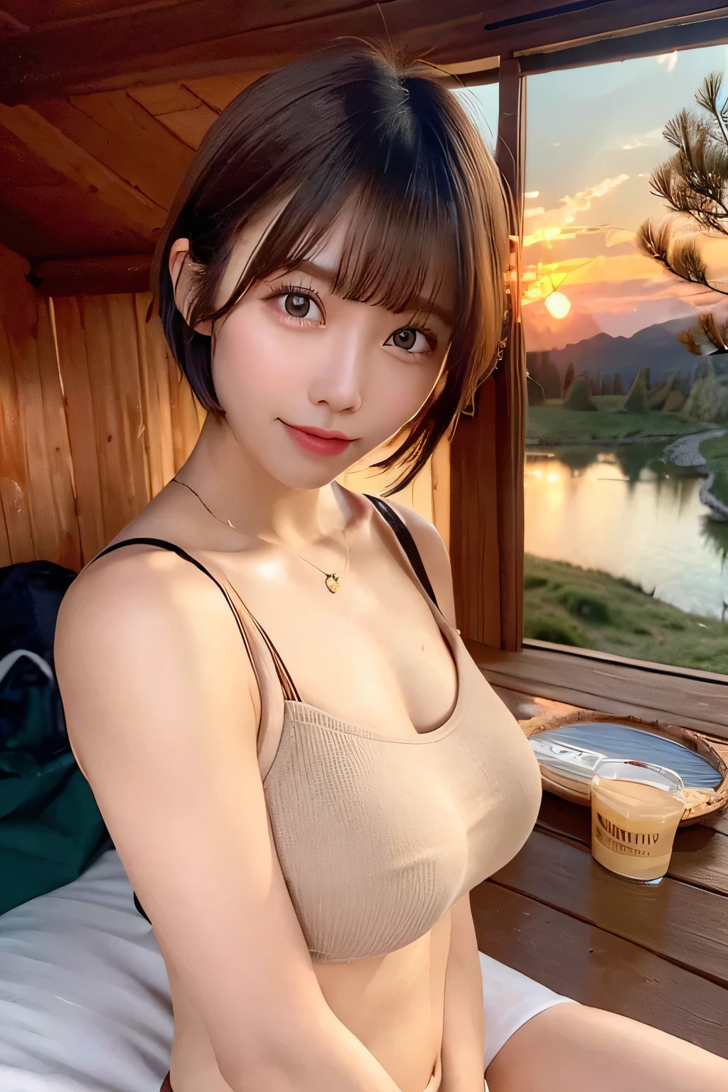 1 female, Short hair with bangs、Brown haired、Beige bra and panties, Tabletop, Highest quality, Perfect Eyes, Perfect hands, Perfect Legs, Very detailed, alone, Plein Air, (sunset), Mountain landscape, nature, (performer, cloud) Hilarious, Backpack, sleeping bag, Camping stove, Water bottle, Flashlight, forest, Stony, river, wood, cigarette, Shadowy, contrast, style, (Warm shades, Warm Tones: 1.2), Cinematic Light, Side lighting, Ultra-high resolution, The best shade, born, wooden house, campfire