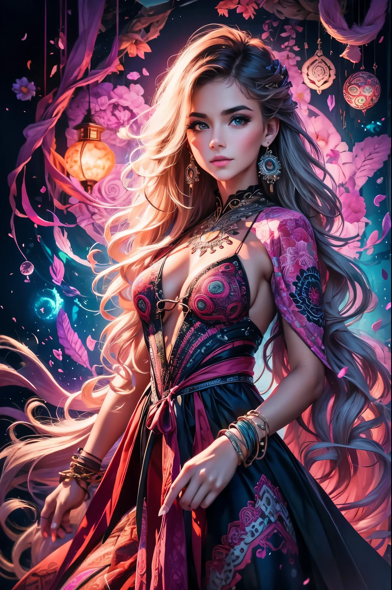1girl,officialart,unity8kwallpaper,ultradetailed,beautifulandaesthetic,masterpiece,bestquality,(zentangle,mandala,tangle,entangle),dynamicangle,cowboyshot,themostbeautifulformofchaos,elegant,abrutalistdesigned,vividcolours,romanticism,WLOP,atmospheric,ecstasyofmusicalnotes,streamingmusicalnotesvisible