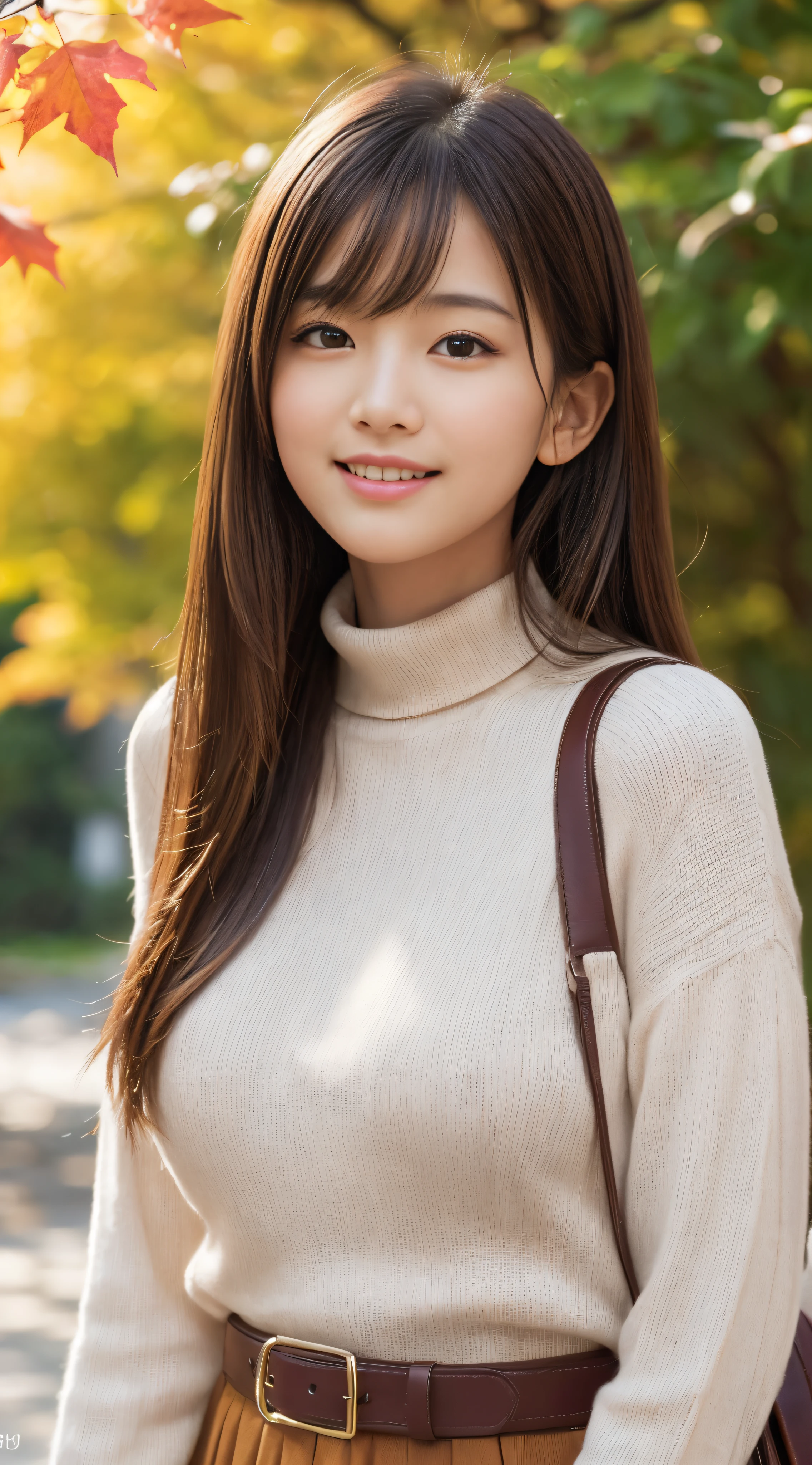 Tabletop、Highest quality、 Ultra-detailed、High resolution、8k wallpaper、Perfect dynamic composition,、Beautiful big breasts with delicate eyes:1.4)、Tabletop,Highest quality,Very detailed,In detail,High resolution,In 8K,((Photorealistic:1.4,RAW Photos,超High resolution,Top imYear quality:1.4)),pretty girl、high school student、17Year、Slender、Small Face、Repeated plum、Laughter、Brown Hair、Long-haired、Straight Hair、Light brown long sleeve knit、small turtleneck、Compact shoulder bag、The strap of the bag goes across the chest、Red long skirt、Autumn leaves avenue、
