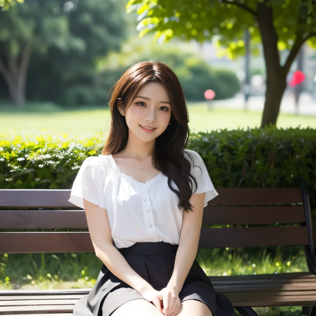 A beautiful woman sitting on a park bench, smiling and waving towards the viewer, cinematic ,The park is lush and green, with trees and flowers in the background. The woman is dressed in a casual yet stylish outfit, with a friendly and welcoming smile on her face. The scene is bright and sunny, capturing a serene and cheerful atmosphere,