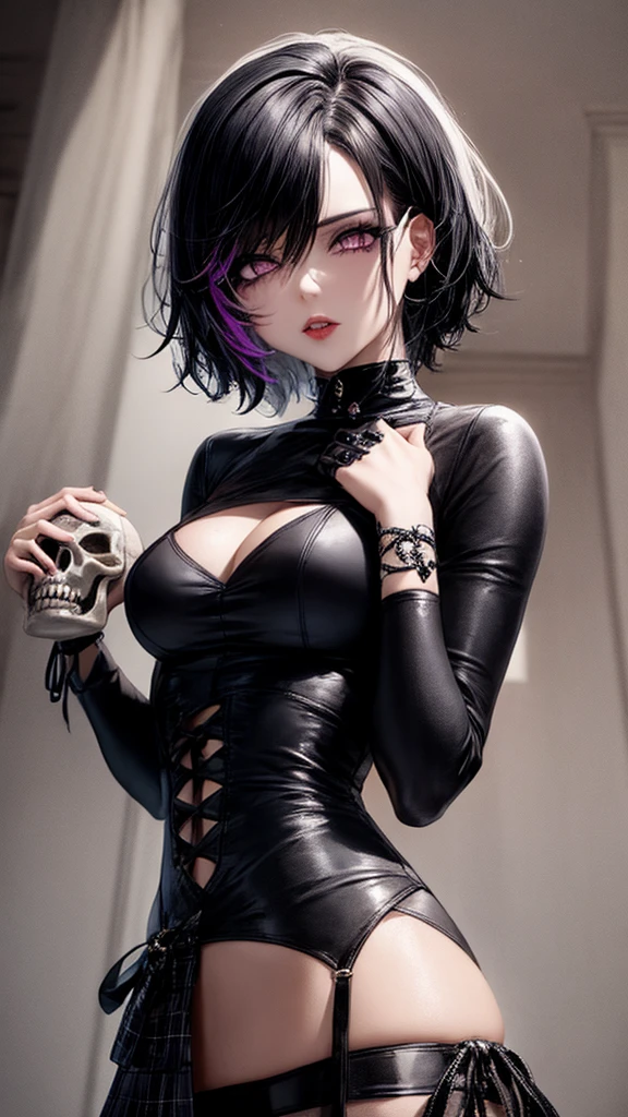 a woman with short black hair, cabelo nos ombros, mulatto, wearing a black cropped and plaid skirt, purple eyes, gothic art, cute aesthetic with vibrancy, cartoon aesthetic, wearing black costume, using gothic accessories, looks like Cassie Hack, trunk, holding a skull in his hand, horror background