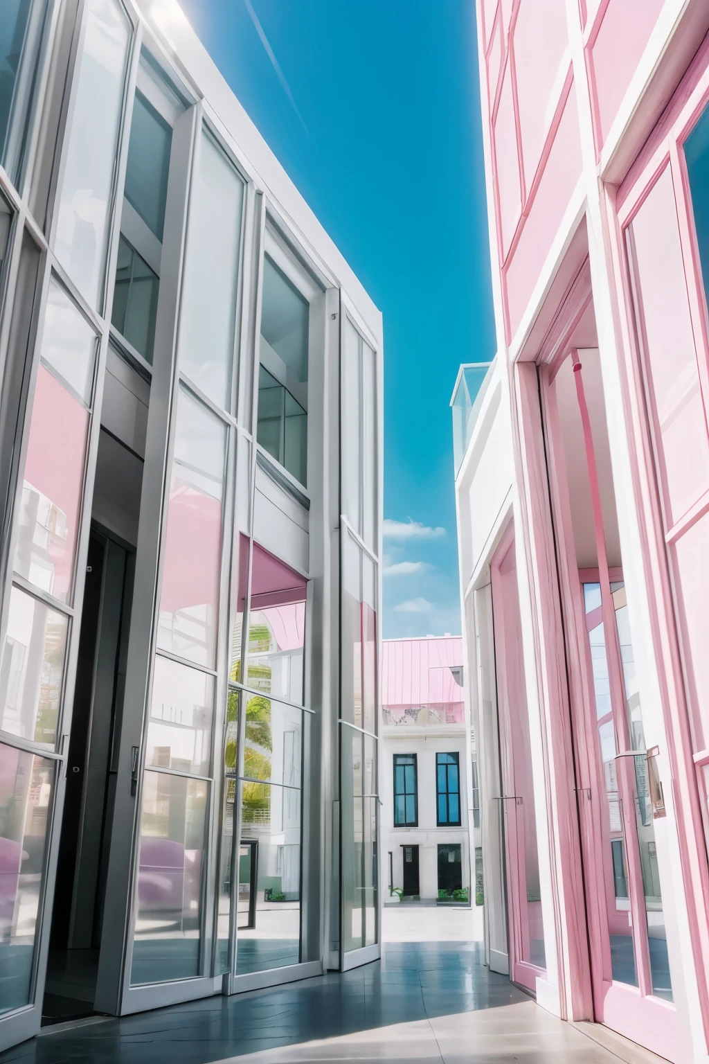 realistic image with perspective of white, pink and black building with glass doors and a sign above the door with the phrase "Fantasy Travel" in y2k style with other buildings on the sides
