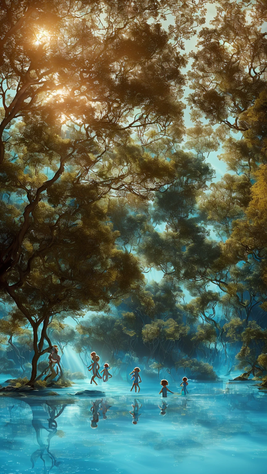 A surreal scene with an overall light blue theme. A family is joyfully gathering on the blue water surface, and transparent glass children are running around on the water surface. All humans are made of glass and emit a rainbow-like glow. The surrounding trees are blue, and soft light is illuminating the entire scene.