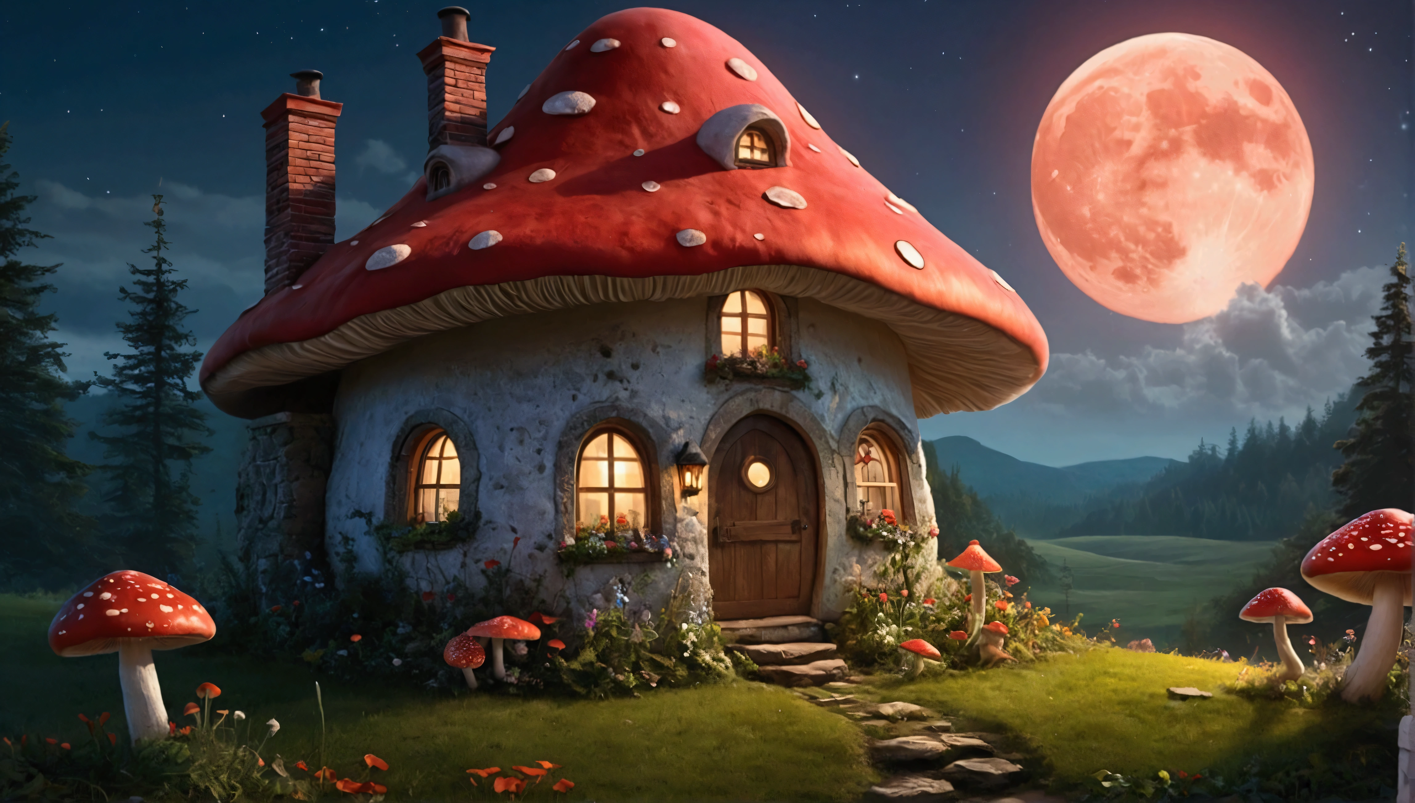 The image is a whimsical and magical scene, set in a grassy meadow under a twilight sky. A charming, crooked little cottage with glowing windows, a brick chimney, and a flower box nestled by the door is tucked beneath two enormous glowing mushrooms. Their warm light spills onto the grass and the surrounding flowers, creating a welcoming and cozy atmosphere. In the background, a towering red mushroom with windows carved into its stem rises against a backdrop of a giant, ethereal moon, its pale light bathing the scene. A young  in a red hood stands in the foreground, gazing in awe at the magical scene. Smaller red mushrooms with glowing caps dot the landscape, adding to the fantastical ambiance.
