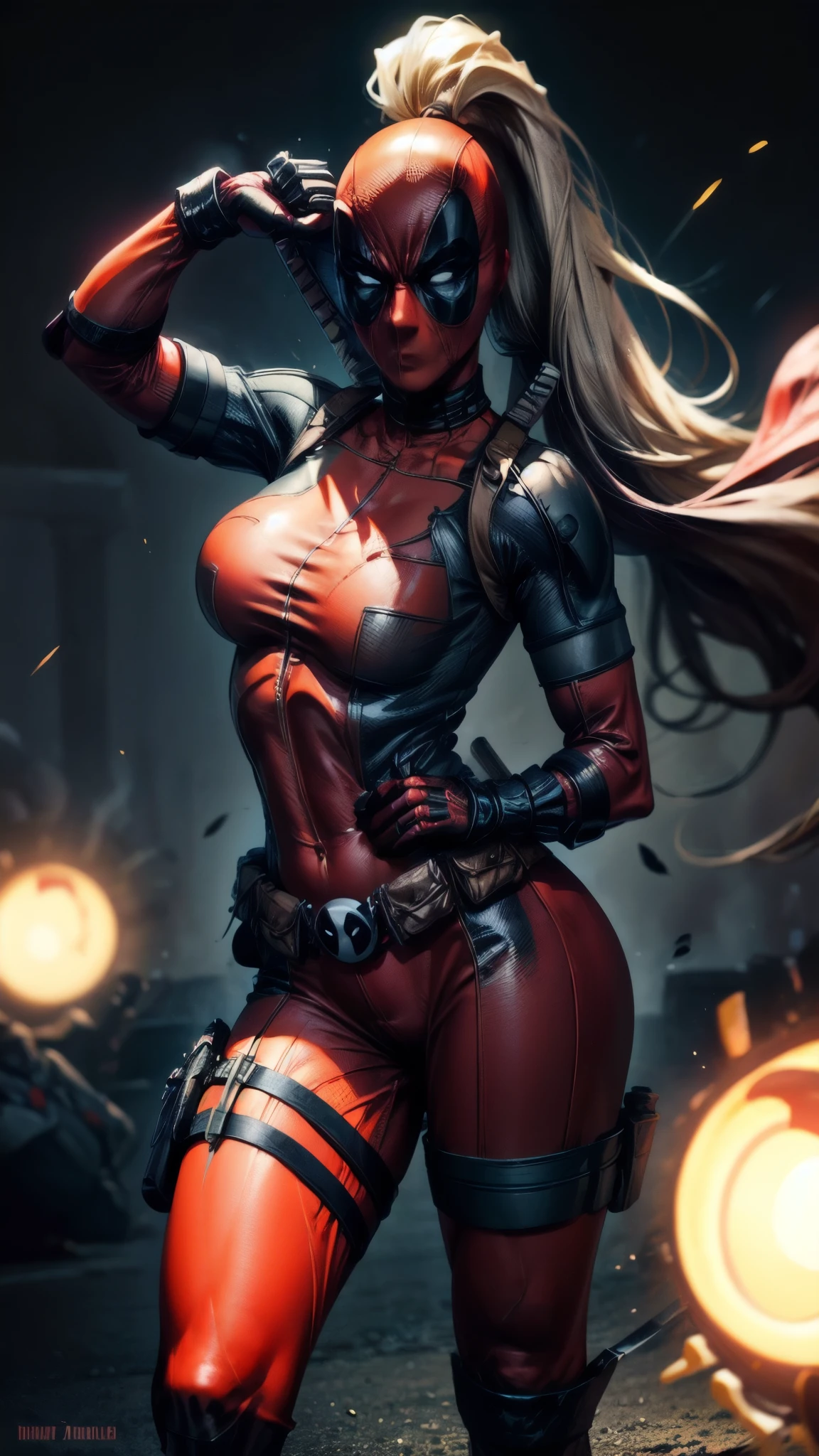 masterpiece, best quality, high-resolution, contrapposto,
BodySuit_lady_deadpool,
1woman, mask, blonde hair, ponytail, long hair, large breasts, thick thighs, curvy hips, muscular body, no pupils,
bodysuit, skin tight, superhero, belt pouch, utility belt, red bodysuit, gloves, weapon on back, thigh pouch, thigh strap, thigh holster, belt buckle, turtleneck,
light particles, depth_of_field, scenery, night, aerial fireworks, solo, cowboy shot, looking at viewer,