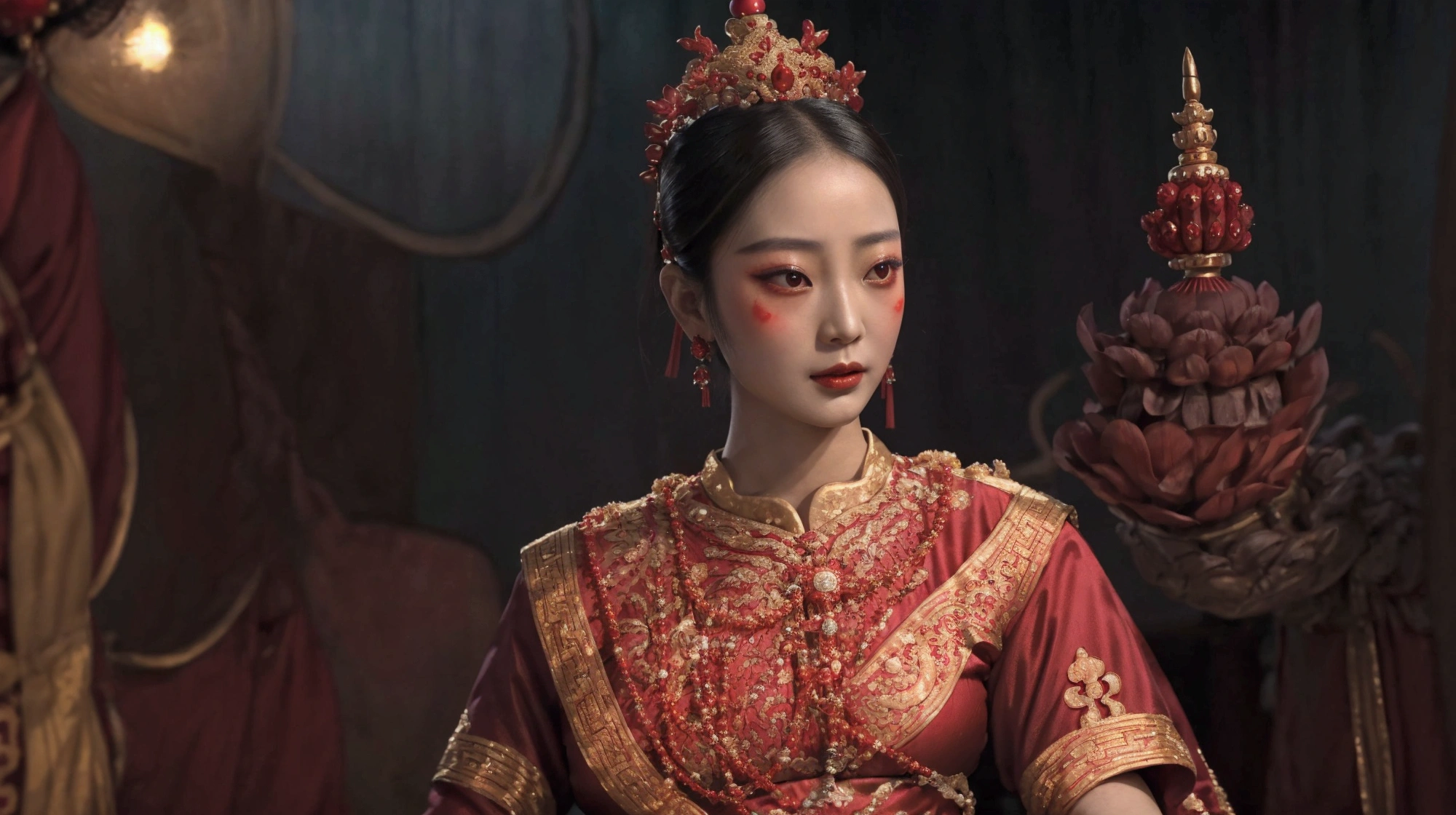 arafed woman in a red and gold dress with a crown, ancient asian dynasty princess, ancient chinese princess, chinese princess, palace ， a girl in hanfu, inspired by Lan Ying, south east asian with round face, traditional beauty, wearing ancient chinese clothes, a beautiful fantasy empress, sukhothai costume, cinematic goddess close shot, cinematic goddess shot