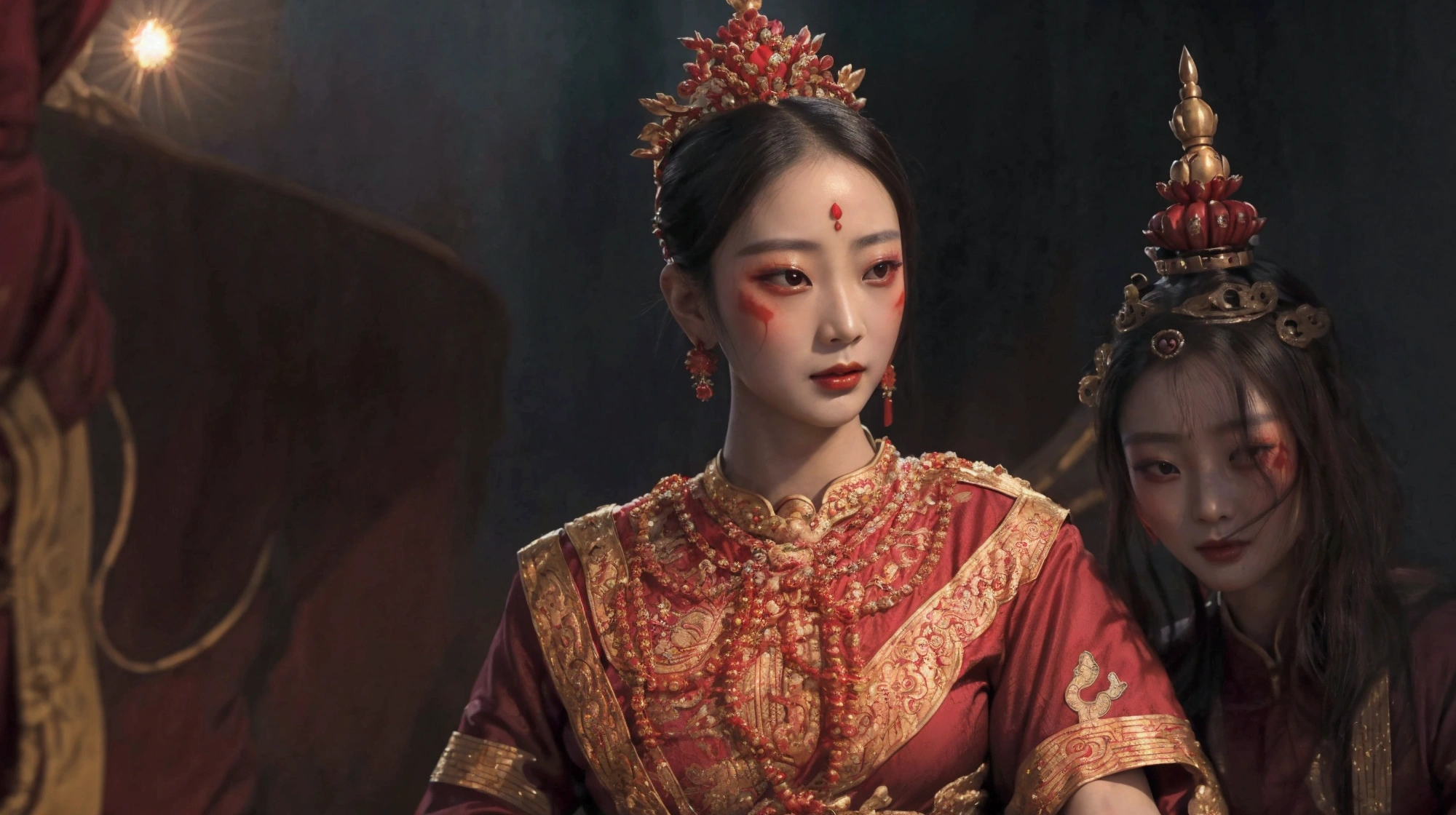 arafed woman in a red and gold dress with a crown, ancient asian dynasty princess, ancient chinese princess, chinese princess, palace ， a girl in hanfu, inspired by Lan Ying, south east asian with round face, traditional beauty, wearing ancient chinese clothes, a beautiful fantasy empress, sukhothai costume, cinematic goddess close shot, cinematic goddess shot