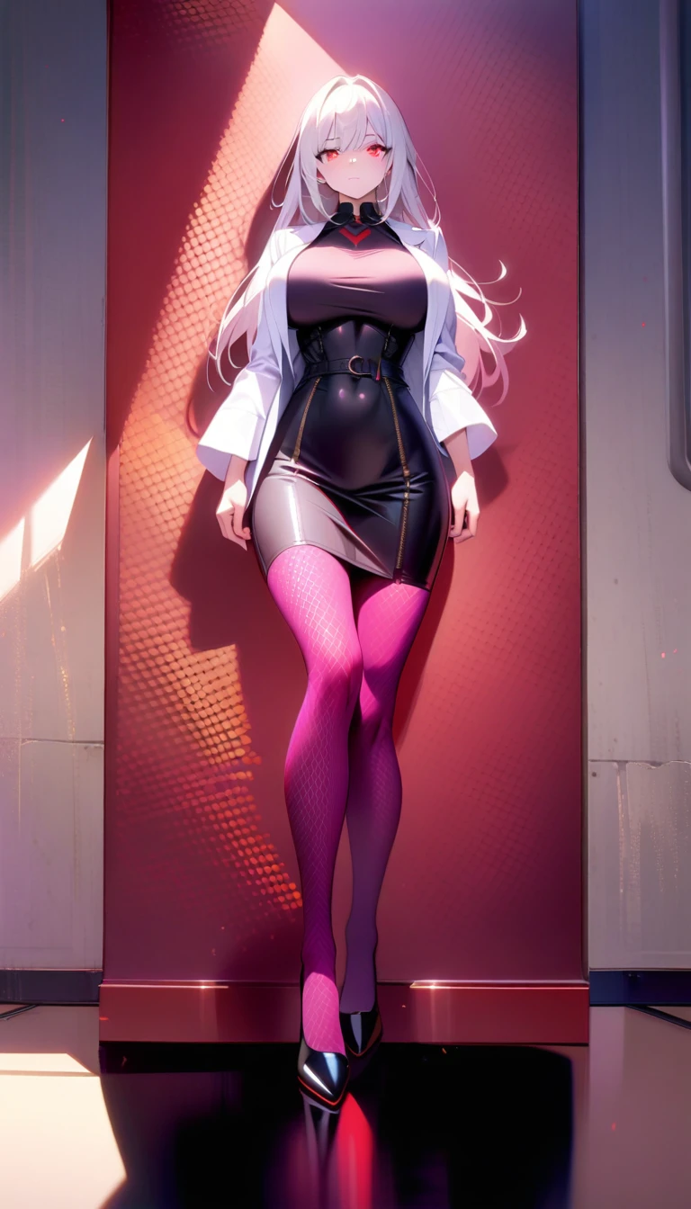 1Women,(Long white hair)،(Lab coat),(Red eyes),(Big breasts),(women's long stocking),(Tight skirt),(Expressionless face), (masterpiece:1.5), (8k details:1.3), (unlimited details:1.2), (best eyes:1.4), (ultra clothes details:1.3), (highly detailed background), (vibrant colors), (dynamic lighting), (realistic skin texture), (intricate patterns), (sharp focus), (full-body view), (natural poses), (expressive emotions), (cinematic composition),(standing in a medical laboratory),(wears a black shirt)