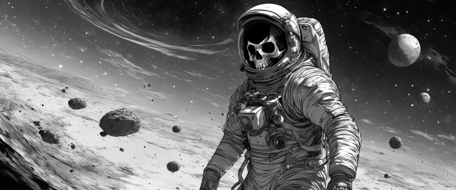 Astronaut, skull face, floating in the abyss of space, dark, (full body:1.5), (masterpiece, best quality:1.2), (comic style:1.2), greyscale