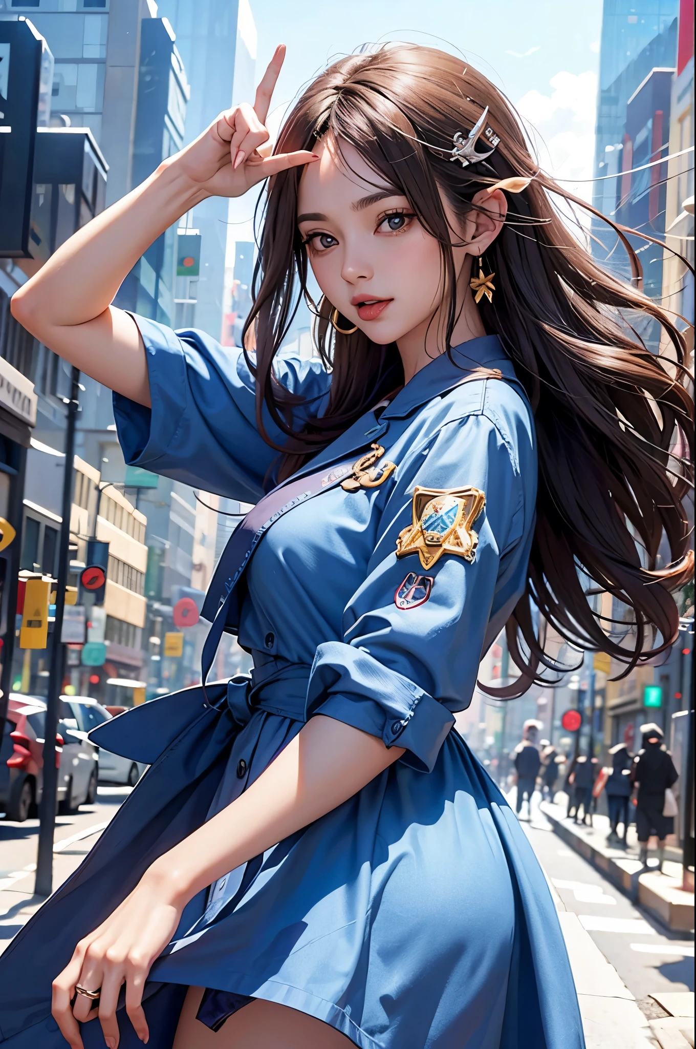 nicole demara, cowboy shot, tongue out, peace symbol, from side, city, anime source BREAK