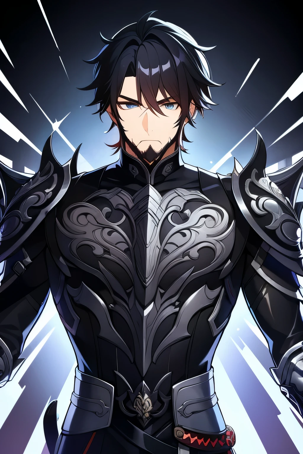 (work of art, best qualityer, face perfect, expressive eyes), black leather cover, details Intricate, black breastplate, a male anime,single character, short black hair with white highlights, beard, visual novel sprite, detailed black armor, high qualiy, cinematic, dramatic pose, details Intricate, swirly vibrant colors, work of art, impacto genshin.