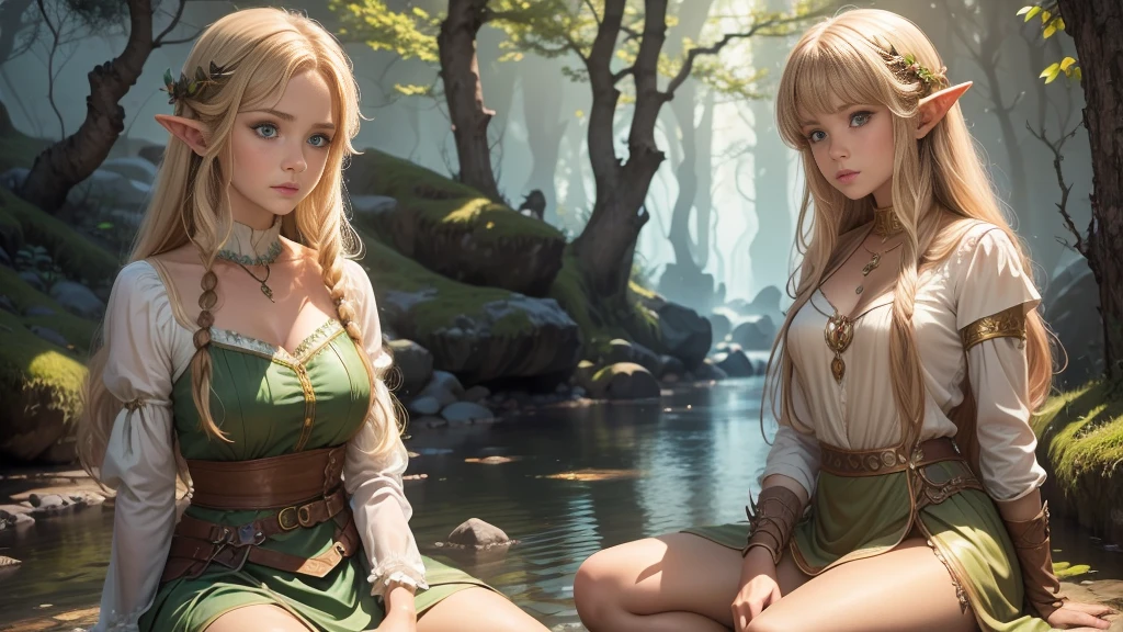 Create a detailed illustration of a character named Mia in a magical forest setting. Mia is a young half-human, half-elf woman with the following characteristics: Hair: Light brown with golden highlights, long and slightly wavy. Eyes: Green, with a touch of shine. Ears: Slightly pointed, reflecting his elven heritage. Clothing: She wears a green and brown outfit made from natural materials, adorned with leaves and flowers. His costume is light and allows ease of movement, with a touch of magical elegance. Accessories: She wears a delicate necklace with a sparkling crystal pendant. Pose: Mia is sitting next to a crystal clear lake. She has a serene, relaxed expression on her face.