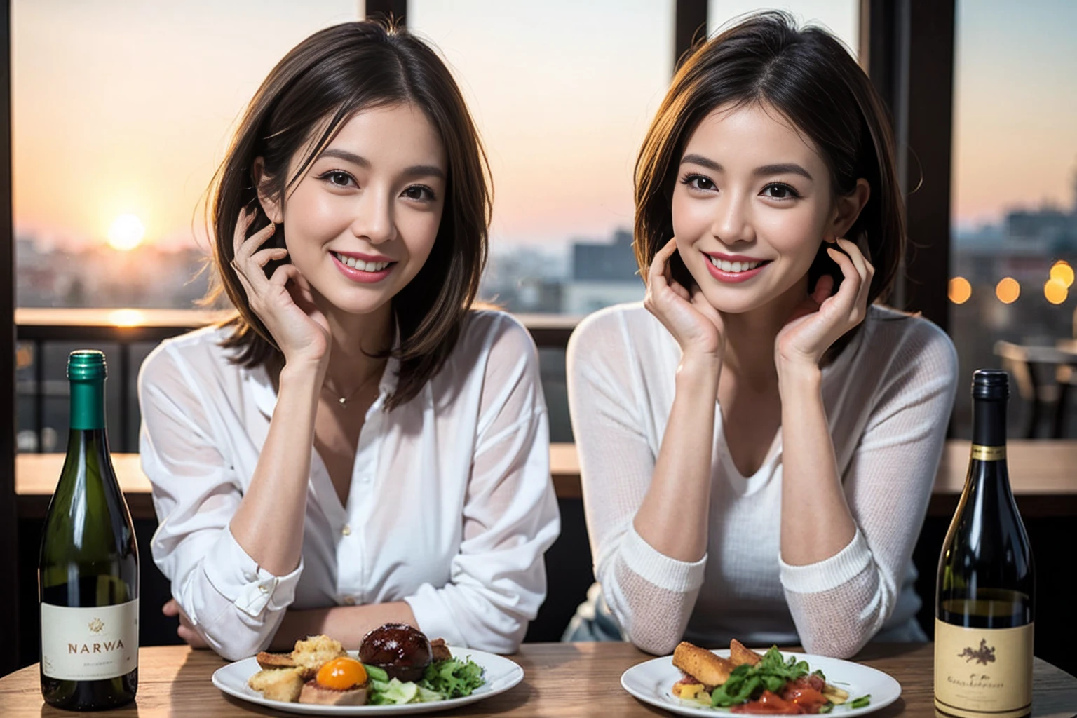 （Realistic:1.1）,(masterpiece,Highest quality)，8k,(49 years old), 47 years old, slimカップル、Tight waist,Upper Body,full-course dinner、wine 、Amazing view of the sunset sky and clouds、Perfect Anatomy, Brown Hair, short hair,Random Hairstyles,((Highly detailed face and eyes:1.2))，Perfect golden ratio face，Long sleeve shirt、dress,(smile:1.2)、Shortcuts、cute、(Realistic, Intricate details:1.2), A bright smile、short hair,Bright Face、赤wine 、Appetizers、Italian food、wine bottle、Champagne、スパークリングwine、(slimな顔), (The body is slim), (Brown Hair), (Shortcuts),  Upper Body, 白wine, slim, wineグラス, 