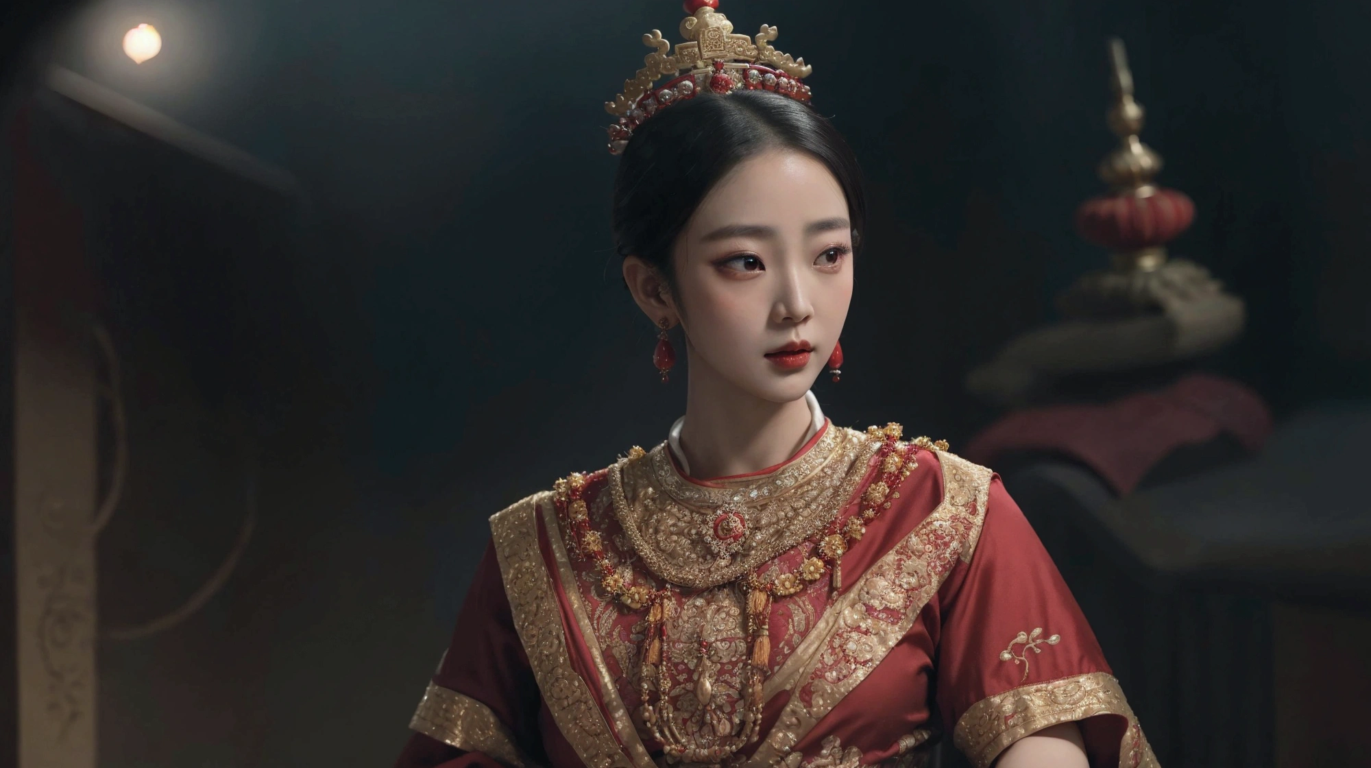 arafed woman in a red and gold dress with a crown, ancient asian dynasty princess, ancient chinese princess, chinese princess, palace ， a girl in hanfu, inspired by Lan Ying, south east asian with round face, traditional beauty, wearing ancient chinese clothes, a beautiful fantasy empress, sukhothai costume, cinematic goddess close shot, cinematic goddess shot