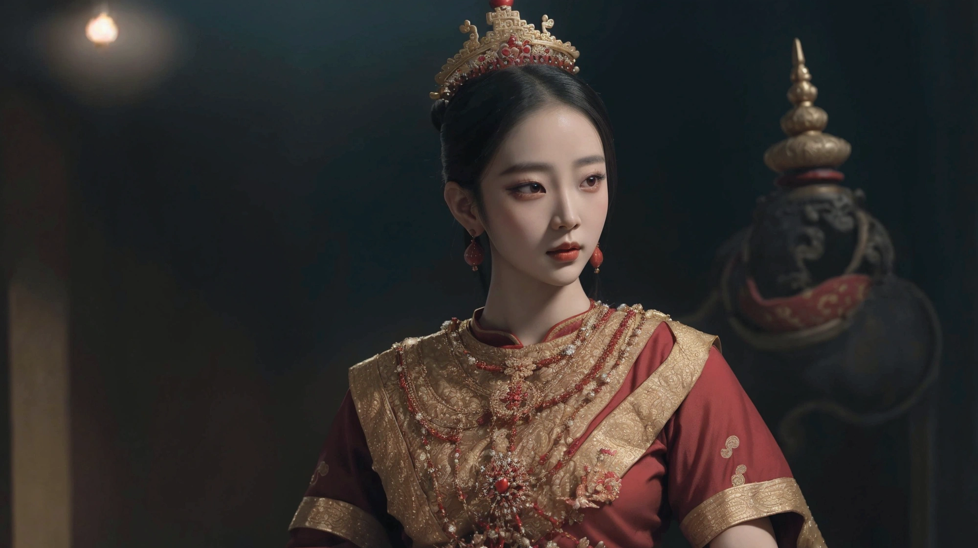 arafed woman in a red and gold dress with a crown, ancient asian dynasty princess, ancient chinese princess, chinese princess, palace ， a girl in hanfu, inspired by Lan Ying, south east asian with round face, traditional beauty, wearing ancient chinese clothes, a beautiful fantasy empress, sukhothai costume, cinematic goddess close shot, cinematic goddess shot