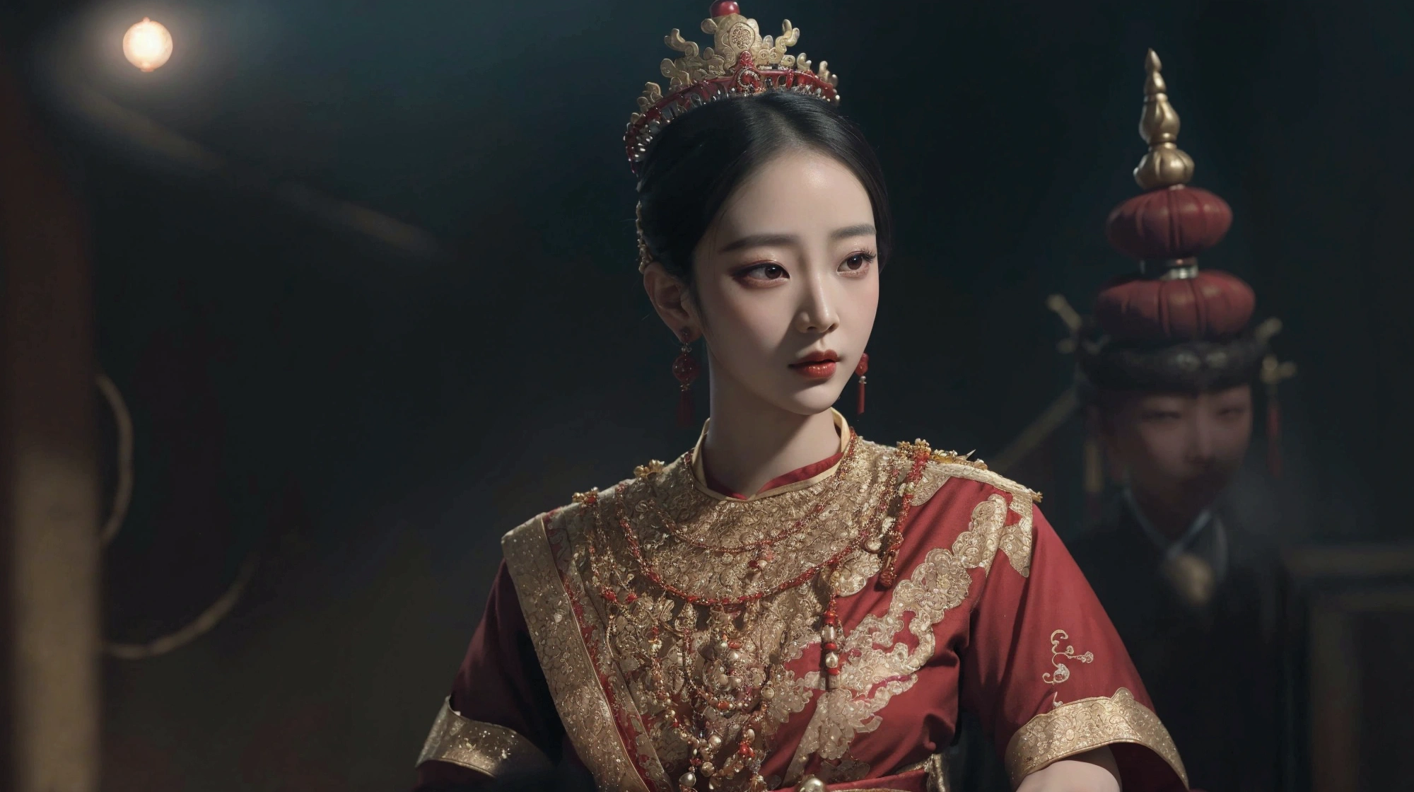 arafed woman in a red and gold dress with a crown, ancient asian dynasty princess, ancient chinese princess, chinese princess, palace , a girl in hanfu, inspired by Lan Ying, south east asian with round face, traditional beauty, wearing ancient chinese clothes, a beautiful fantasy empress, sukhothai costume, cinematic goddess close shot, cinematic goddess shot