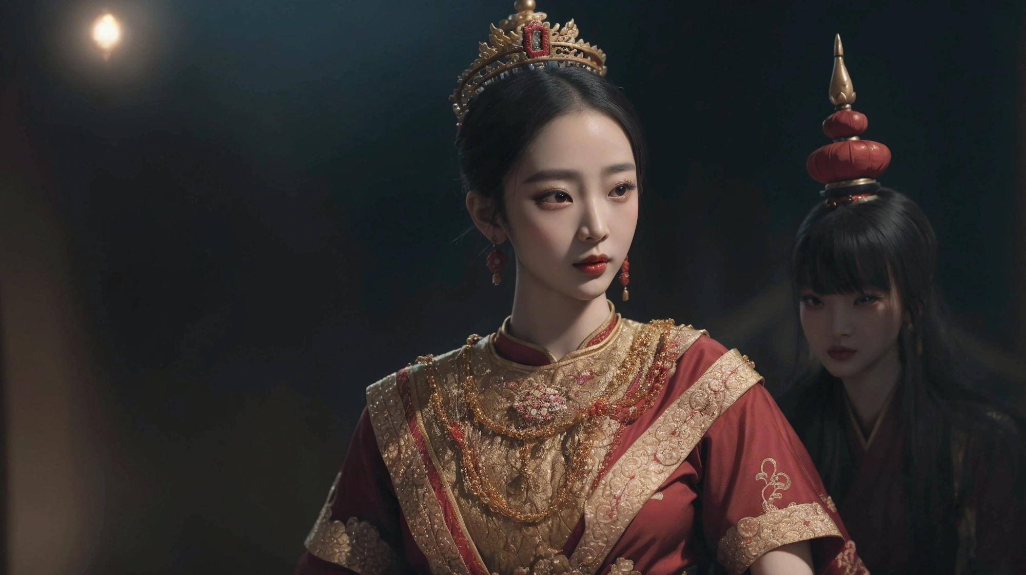 arafed woman in a red and gold dress with a crown, ancient asian dynasty princess, ancient chinese princess, chinese princess, palace , a girl in hanfu, inspired by Lan Ying, south east asian with round face, traditional beauty, wearing ancient chinese clothes, a beautiful fantasy empress, sukhothai costume, cinematic goddess close shot, cinematic goddess shot