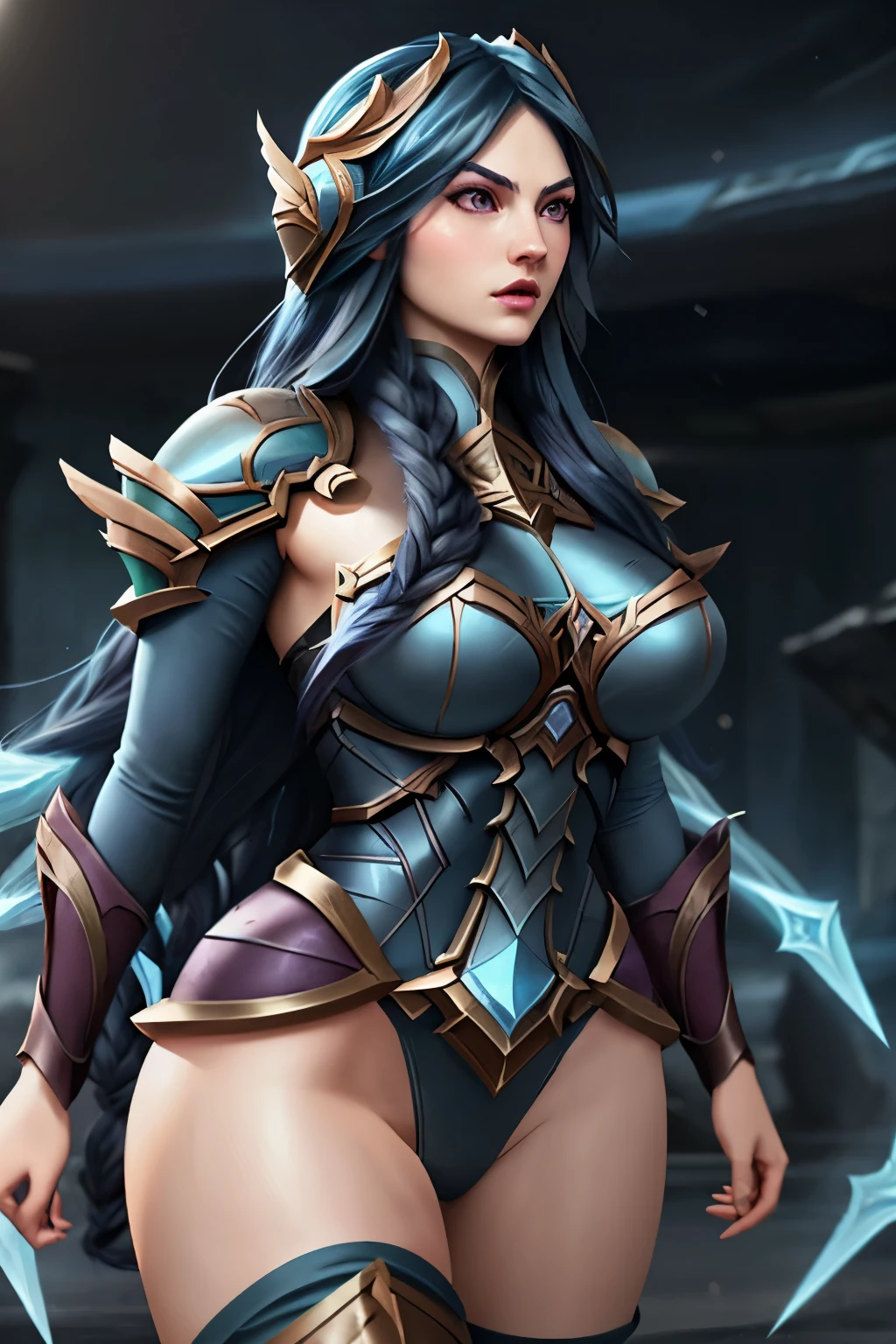 Irelia league of legends, Irelia Frostblade, corpo super definido, muslos grandes, breasts big, big-ass, Super long hair, super long hair, Bblack hair, blue colored eyes, ( super defined eyes), wide shot, uhd, super detail, high quality, best quality, 8k