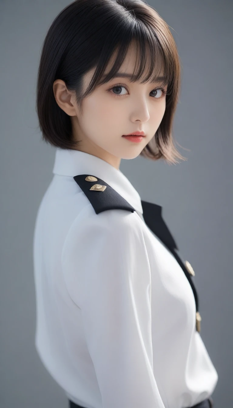 8k, Ultra-high resolution, Highest quality, masterpiece, 三分割法によるphotograph,Surreal, photograph, 1 Girl, (16 years old:1.3), pretty girl, Cute Face, Beautiful eyes in every detail, 細かくdetailedに,masterpiece,One Girl:1.2,Japanese female officer,Superior non-commissioned officer,full body,Black short hair,Bob with bangs, (The finest ceremonial attire:1.3),Pencil Skirt,Nazi SS uniform,HUGO BOSS,Sharp contours,Looking down,Gray background, Light from above, Low contrast, (Side view),Perfect and beautiful face ,完璧でCute Face, Skin with attention to detail, Perfect limbs、Narrow waist,Looking at the audience,(((Ideal body type))),A cup small breasts :2,Portraiture:2,Perfect Anatomy,鮮明なdetailed,detailed,Surreal,Light and shadow,glowing