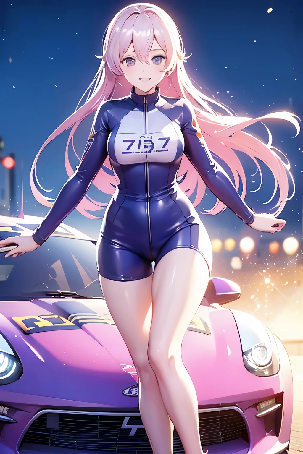 (best quality,highres),Tess Darret, smiling,anime style,bright colors,dynamic lighting,shiny finish,front pose, attention to detail,sparkling eyes,long flowing hair,wearing a racing suit,checkered flag pattern on the car,exciting atmosphere,vivid expressions, front towards the viewer, toe to head, standing straight symmetrical