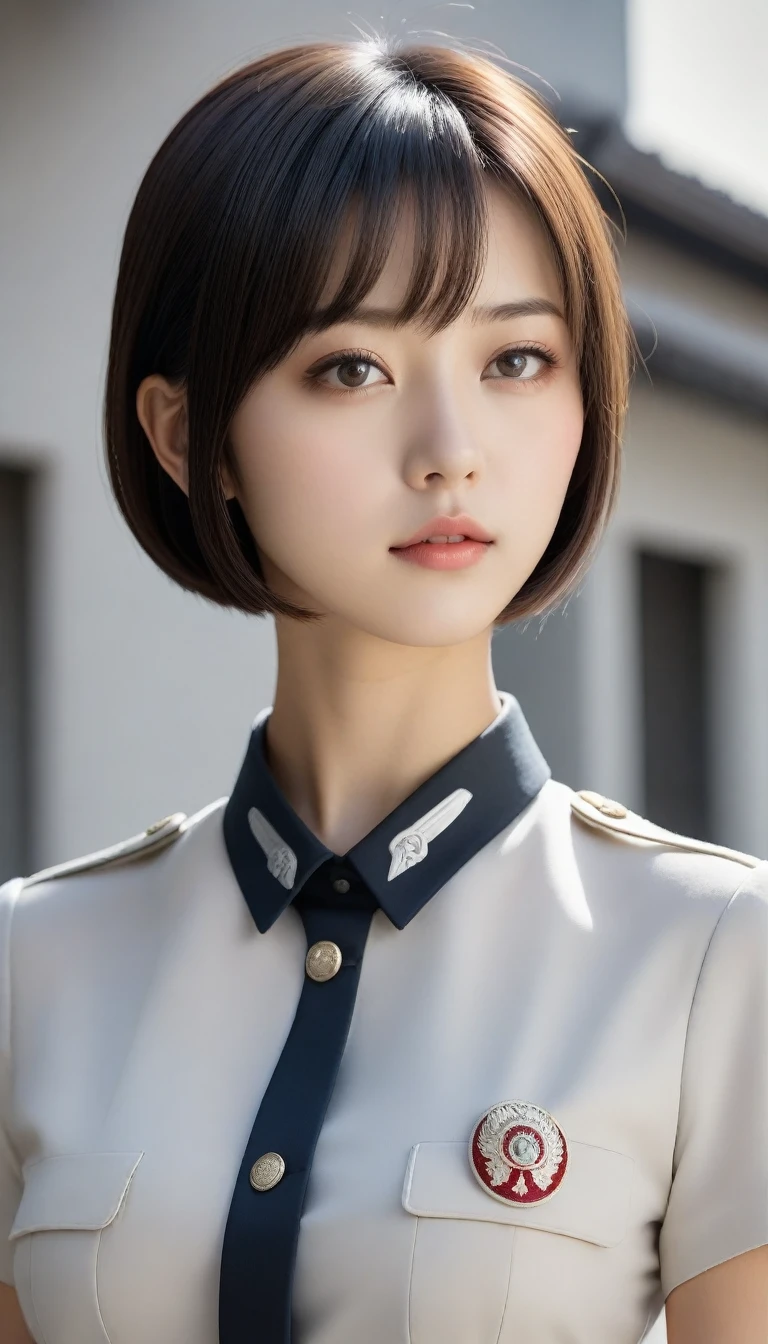 8k, Ultra-high resolution, Highest quality, masterpiece, 三分割法によるphotograph,Surreal, photograph, 1 Girl, (16 years old:1.3), pretty girl, Cute Face, Beautiful eyes in every detail, 細かくdetailedに,masterpiece,One Girl:1.2,Japanese female officer,Superior non-commissioned officer,full body,Black short hair,Bob with bangs, (The finest ceremonial attire:1.3),Pencil Skirt,Nazi SS uniform,HUGO BOSS,Sharp contours,Looking down,Gray background, Light from above, Low contrast, (Side view),Perfect and beautiful face ,完璧でCute Face, Skin with attention to detail, Perfect limbs、Narrow waist,Looking at the audience,(((Ideal body type))),A cup small breasts :2,Portraiture:2,Perfect Anatomy,鮮明なdetailed,detailed,Surreal,Light and shadow,glowing