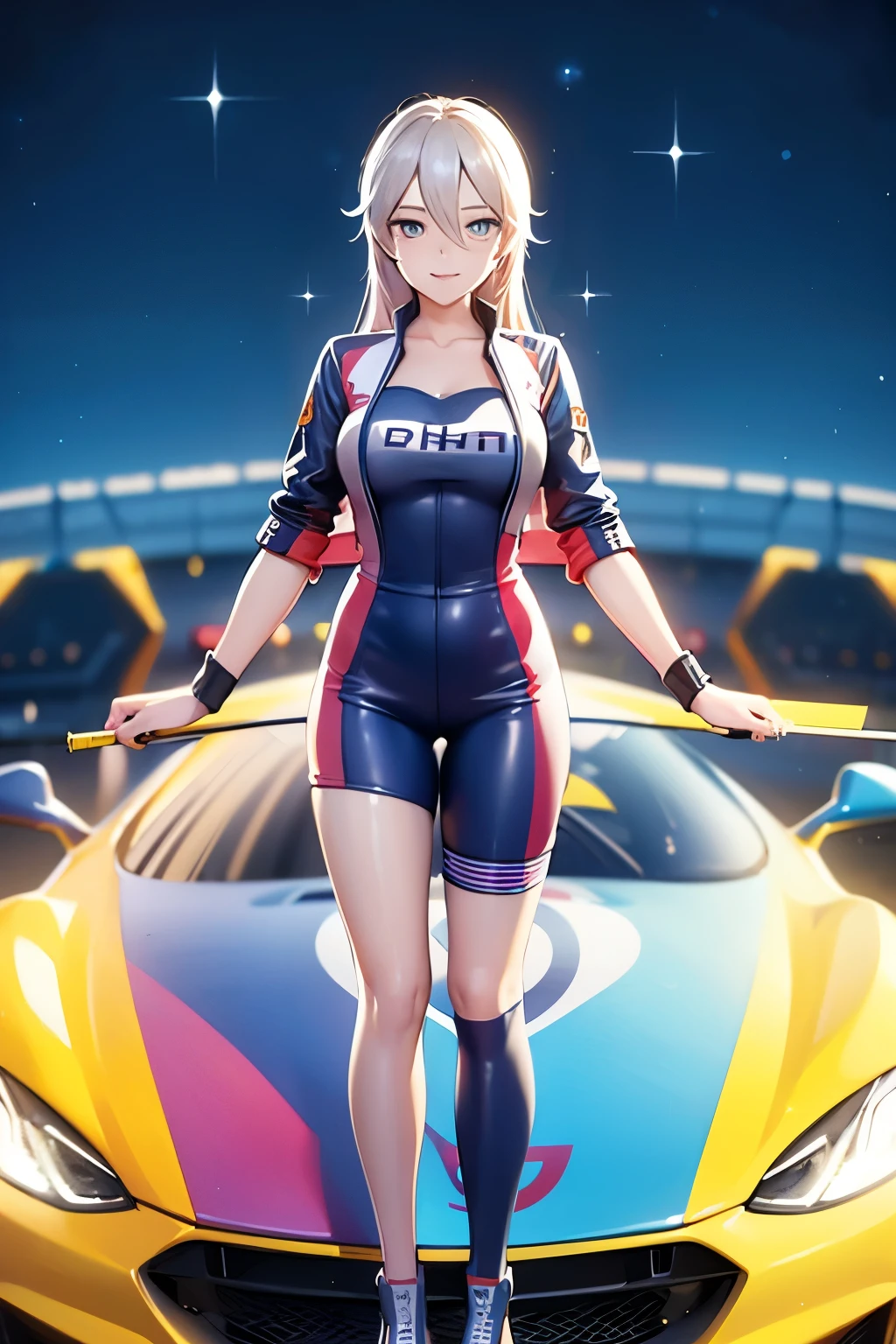 (best quality,highres),Tess Darret, smiling,anime style,bright colors,dynamic lighting,shiny finish,front pose, attention to detail,sparkling eyes,long flowing hair,wearing a racing suit,checkered flag pattern on the car,exciting atmosphere,vivid expressions, front towards the viewer, toe to head, standing straight symmetrical